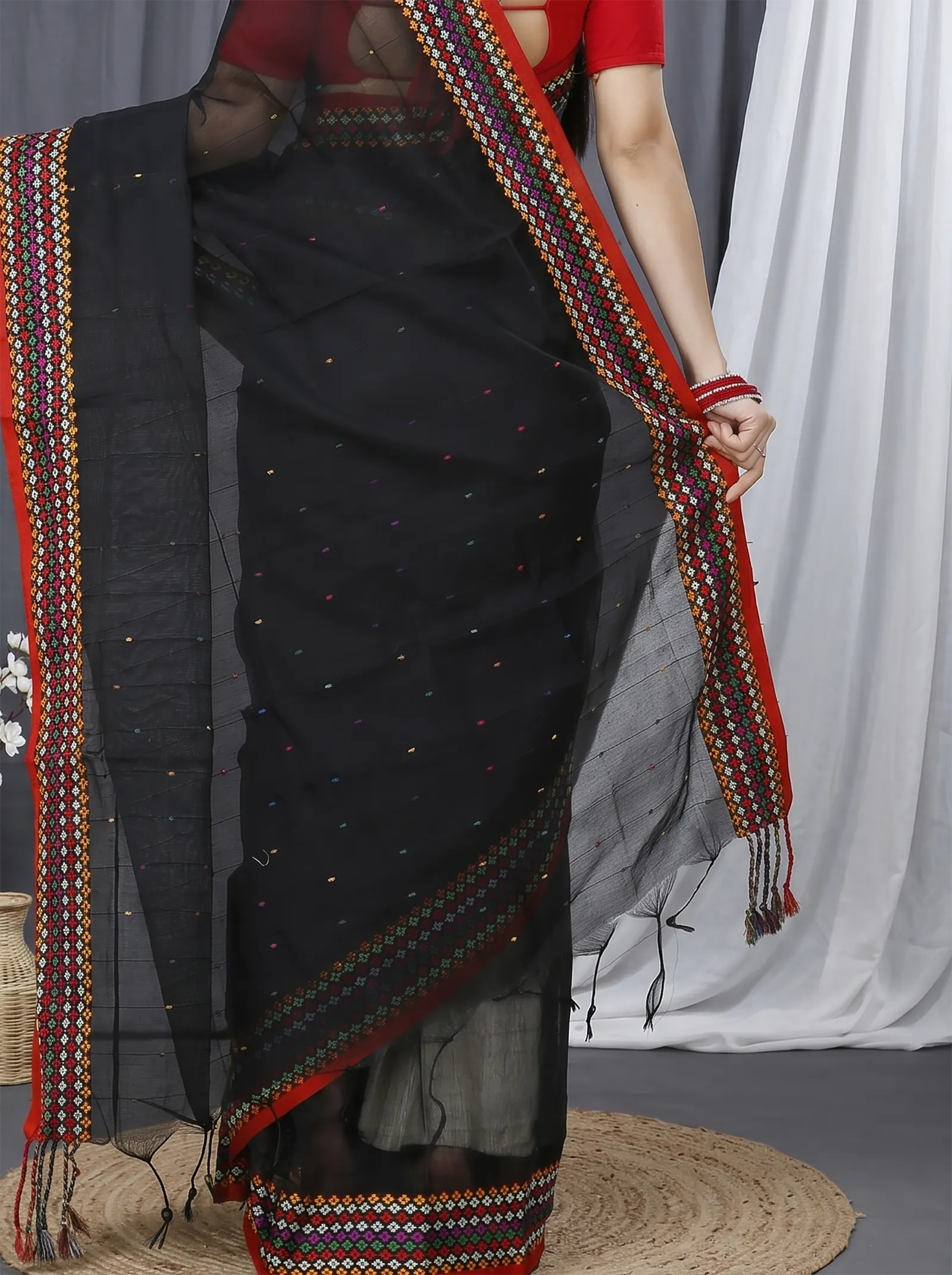 DipDiya Cotton  Traditional Bengali Black Artisan Crafted Popkn Handloom Saree