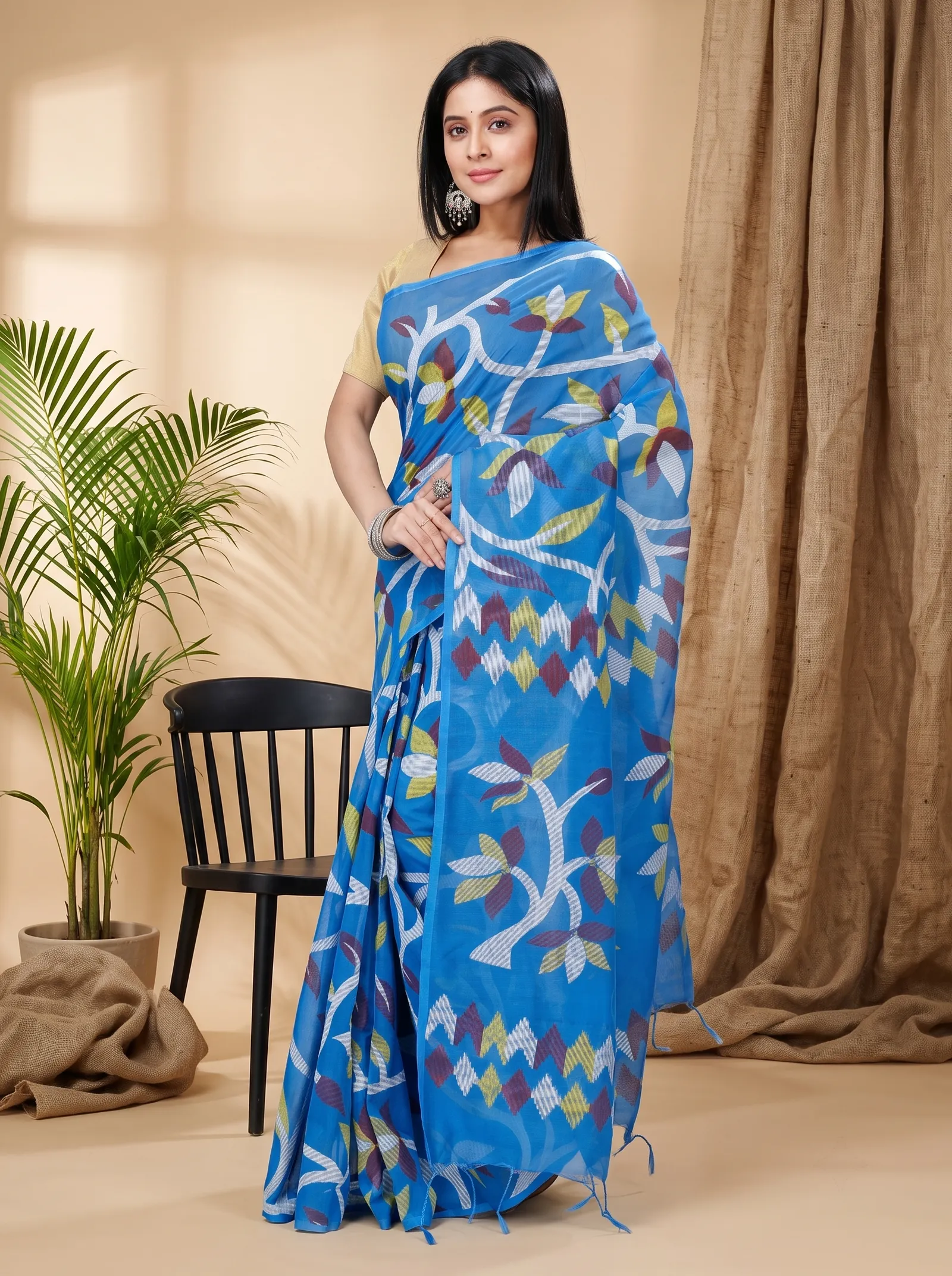 DipDiya Cotton  Traditional Bengali Blue Artisan Crafted Naren Handloom Saree