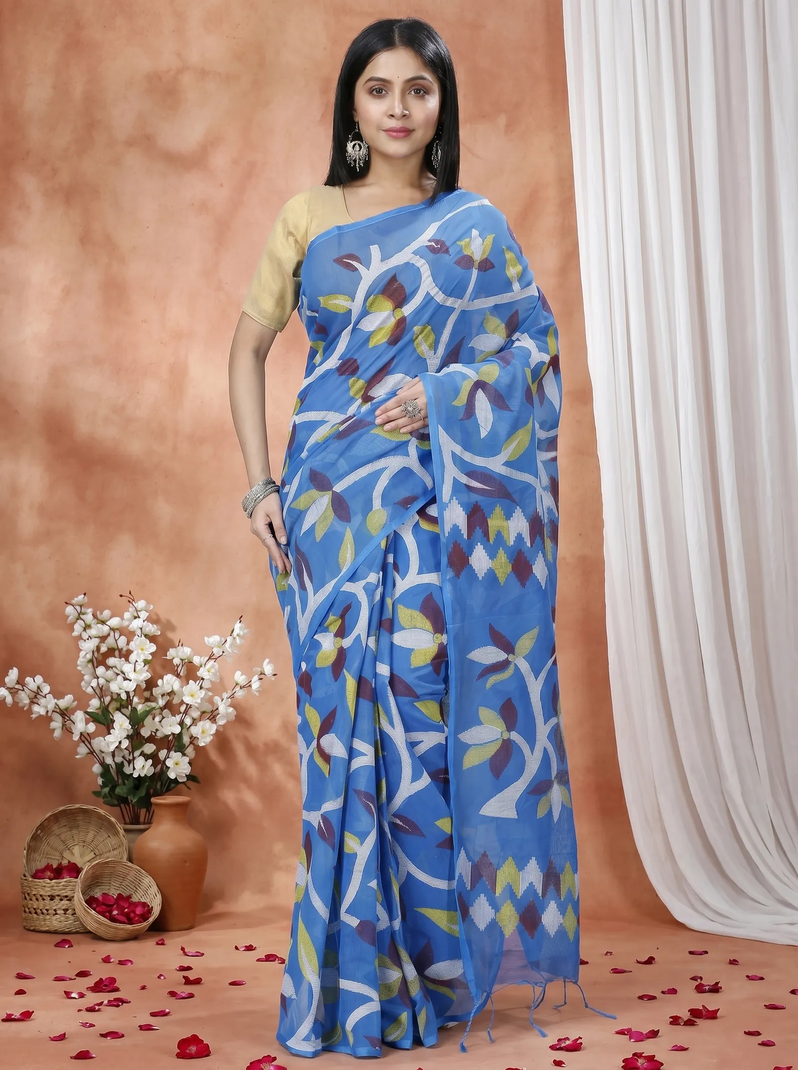 DipDiya Cotton  Traditional Bengali Blue Artisan Crafted Naren Handloom Saree