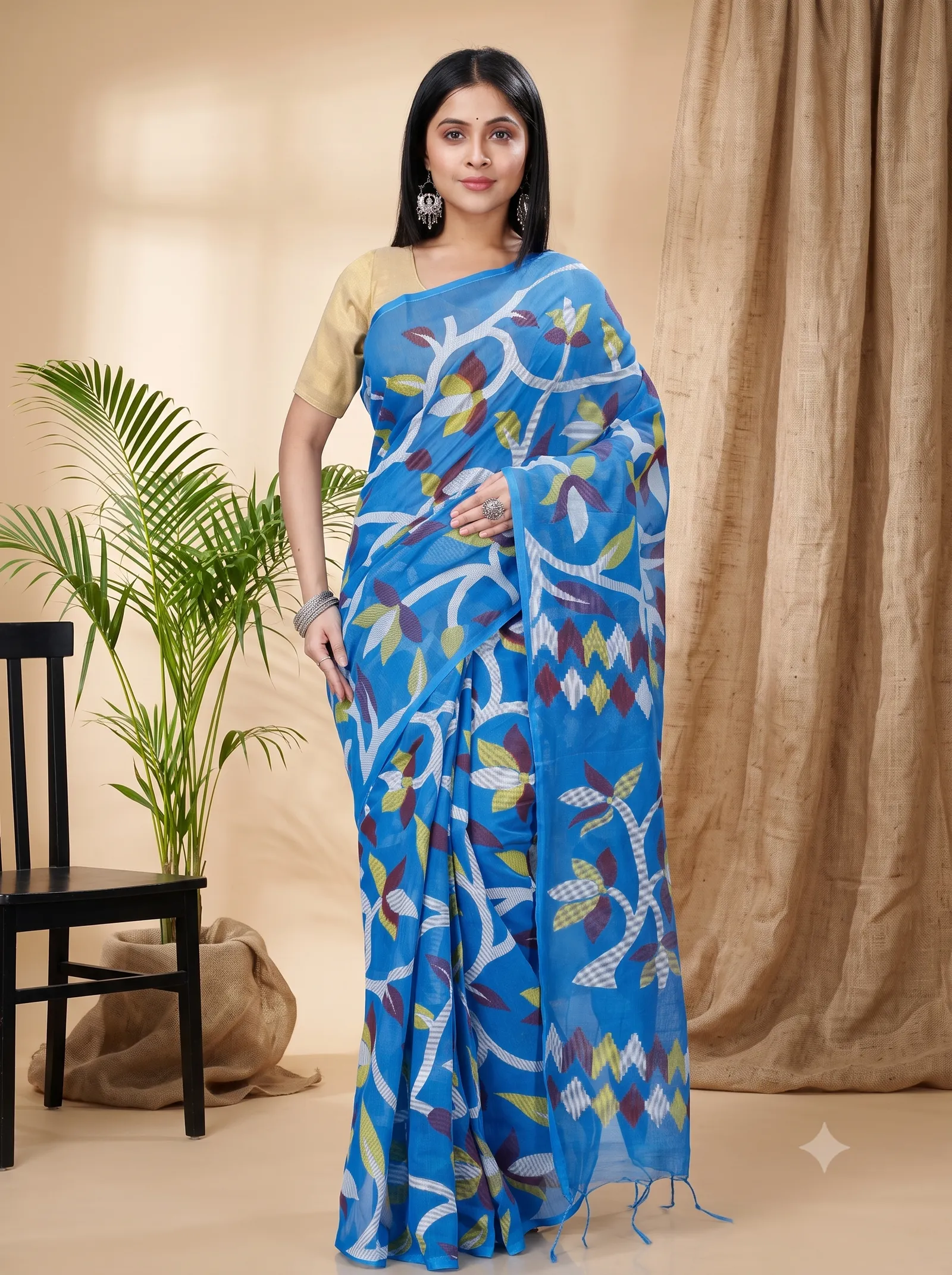 DipDiya Cotton  Traditional Bengali Blue Artisan Crafted Naren Handloom Saree