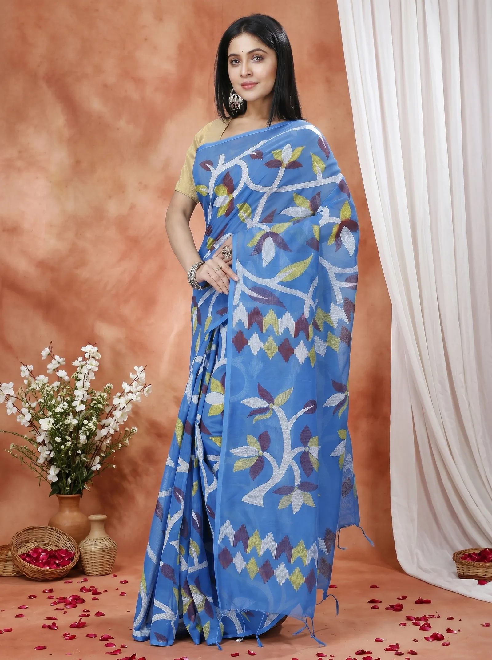 DipDiya Cotton  Traditional Bengali Blue Artisan Crafted Naren Handloom Saree