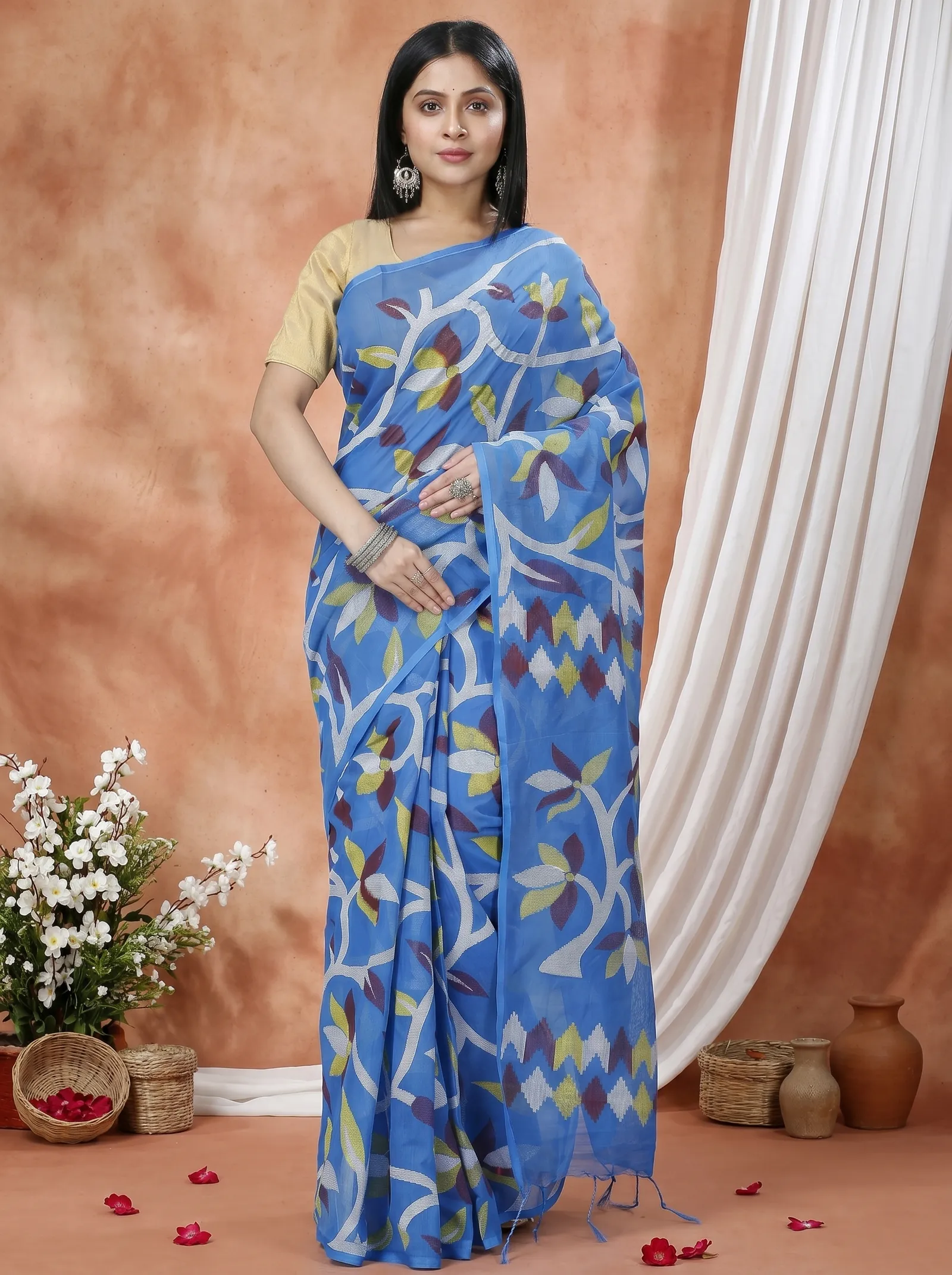 DipDiya Cotton  Traditional Bengali Blue Artisan Crafted Naren Handloom Saree