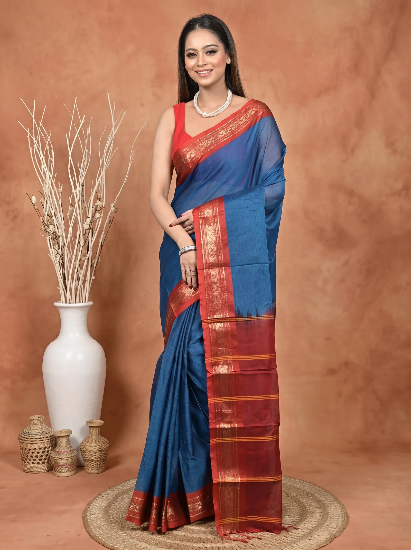 DipDiya Cotton  Traditional Bengali Blue Red Artisan Crafted Parlik Gadwal Saree