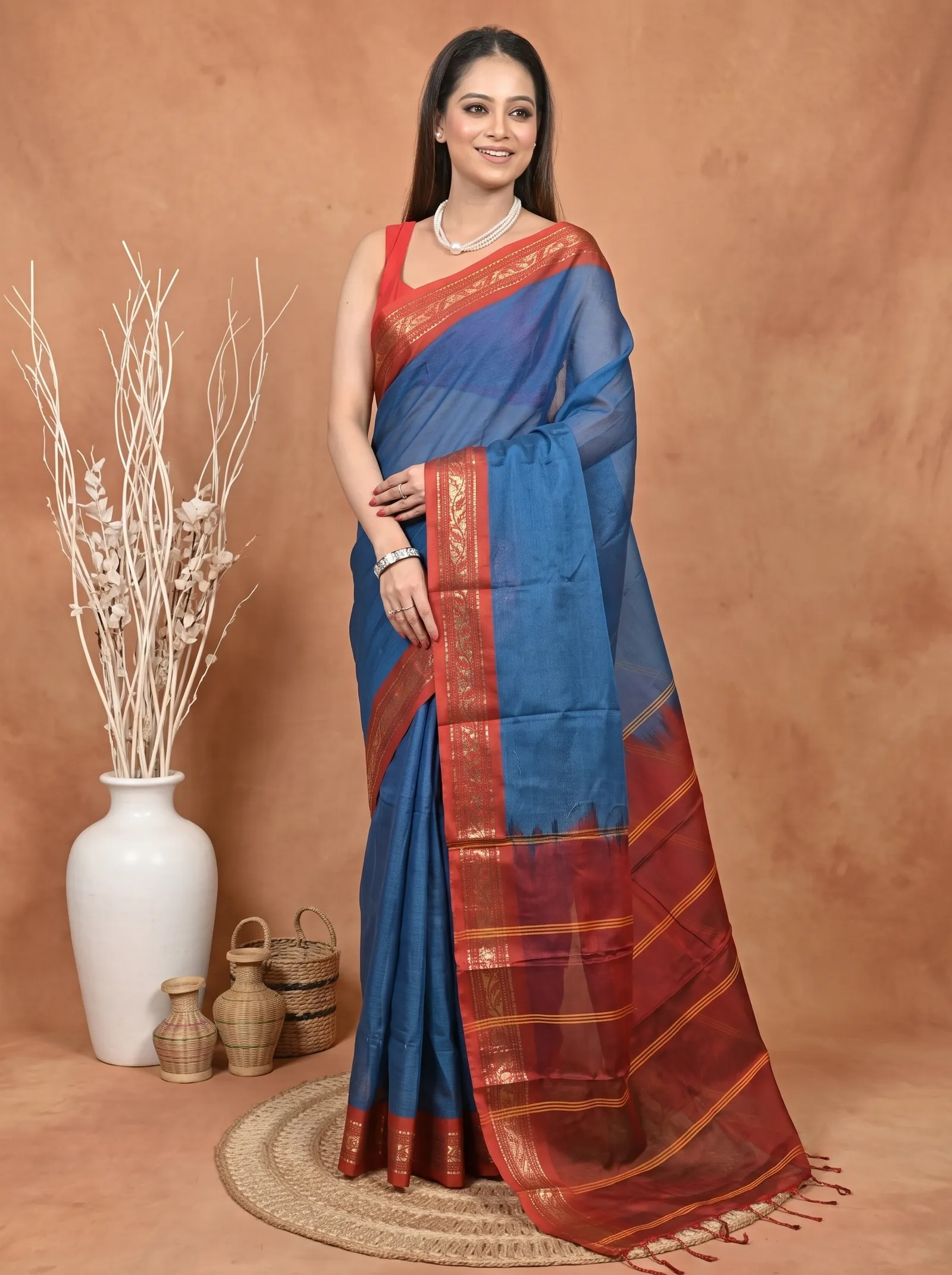 DipDiya Cotton  Traditional Bengali Blue Red Artisan Crafted Parlik Gadwal Saree