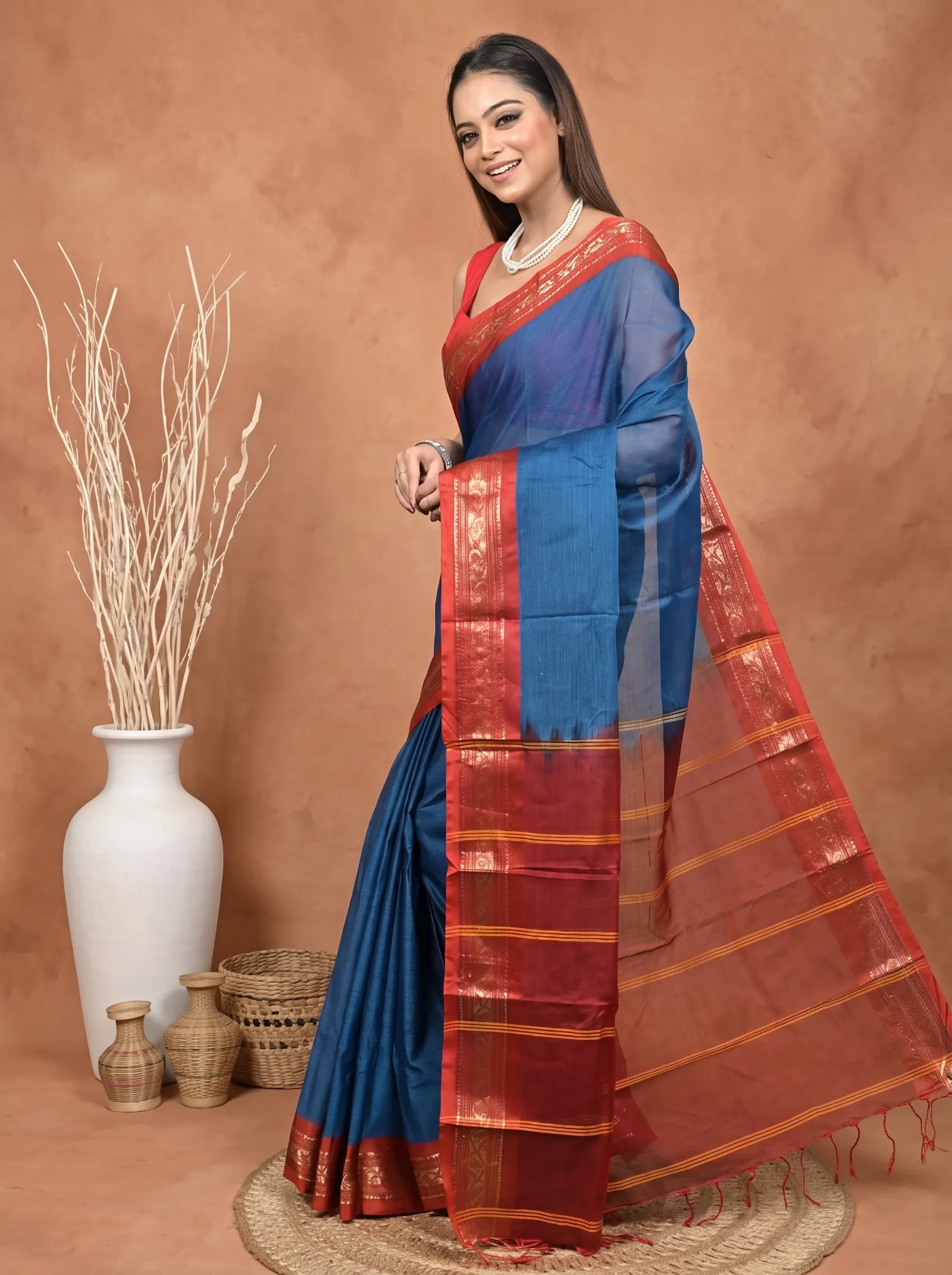 DipDiya Cotton  Traditional Bengali Blue Red Artisan Crafted Parlik Gadwal Saree