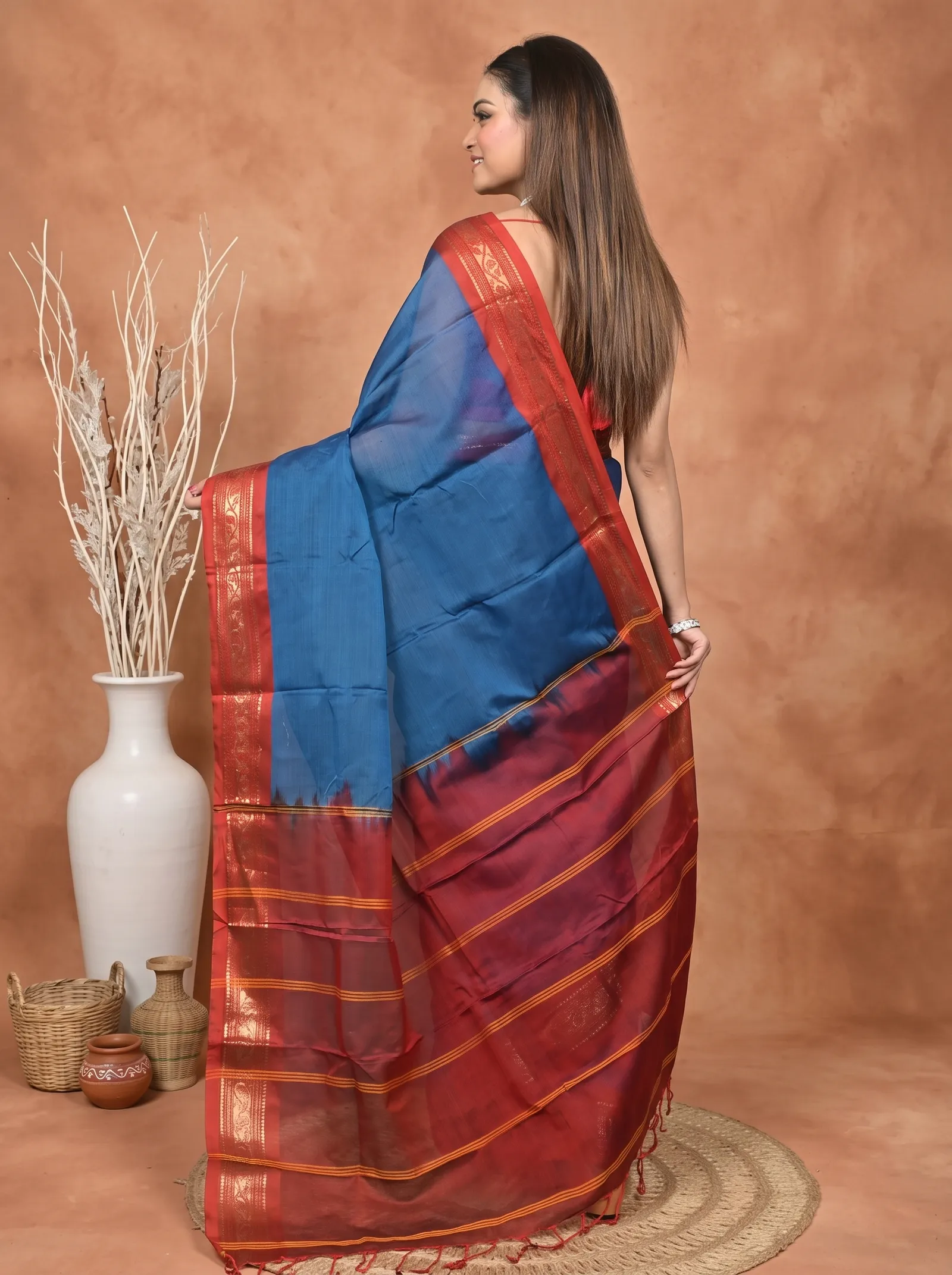 DipDiya Cotton  Traditional Bengali Blue Red Artisan Crafted Parlik Gadwal Saree