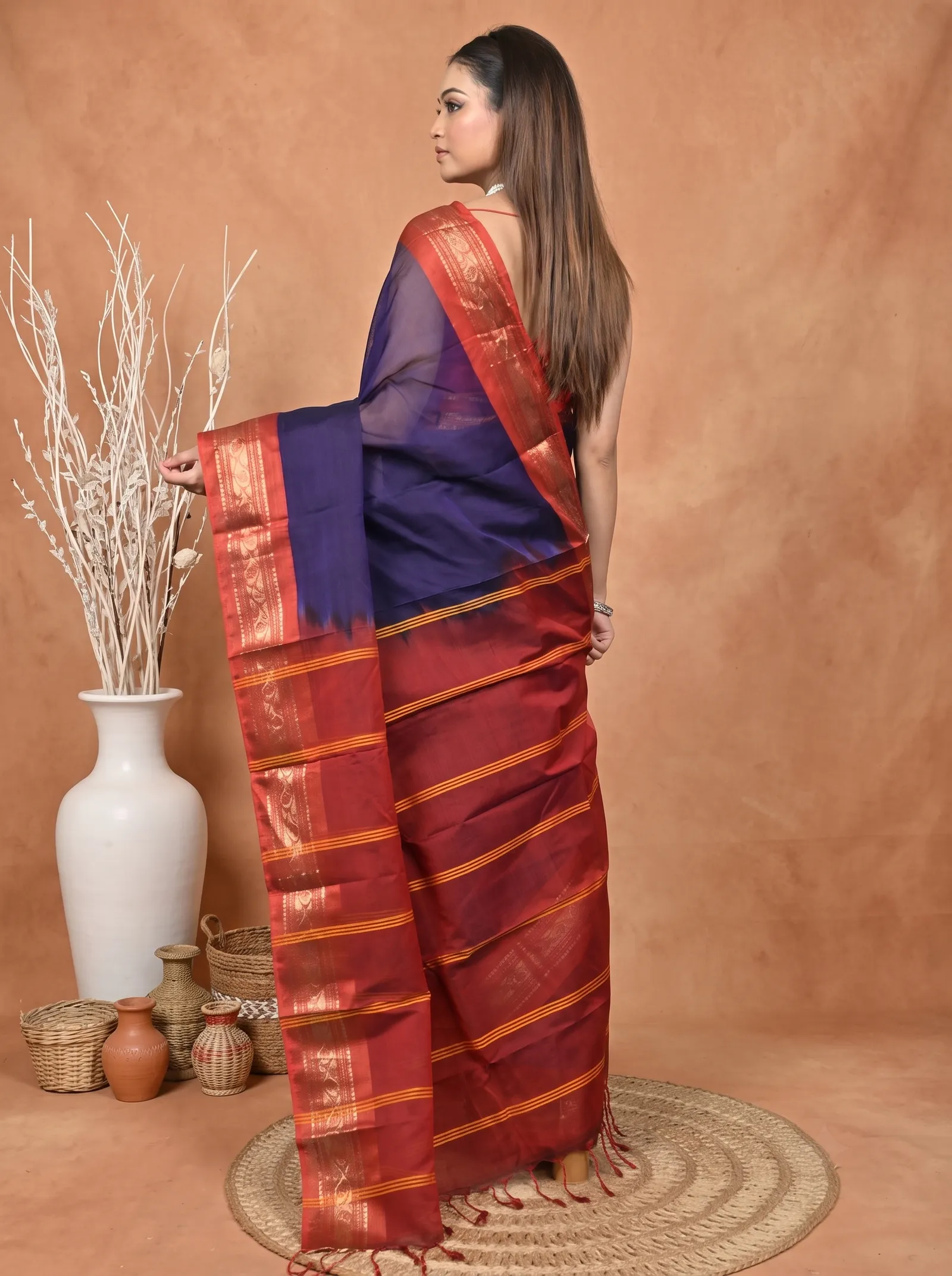 DipDiya Cotton  Traditional Bengali Dark Blue Artisan Crafted Parlik Gadwal Saree