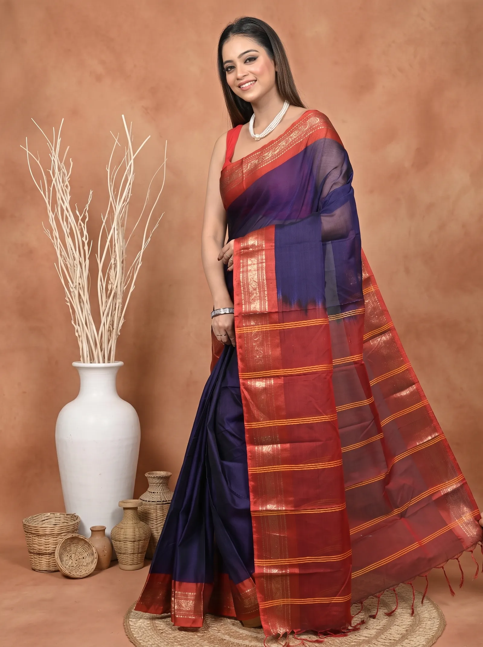 DipDiya Cotton  Traditional Bengali Dark Blue Artisan Crafted Parlik Gadwal Saree