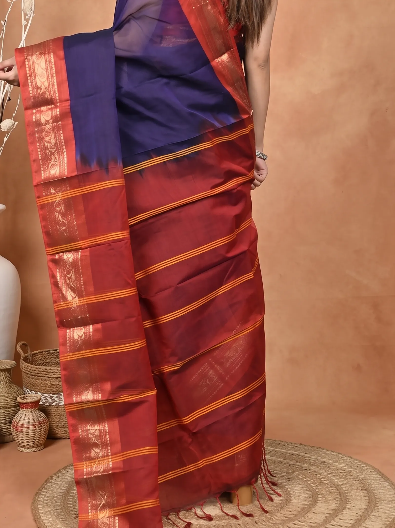 DipDiya Cotton  Traditional Bengali Dark Blue Artisan Crafted Parlik Gadwal Saree