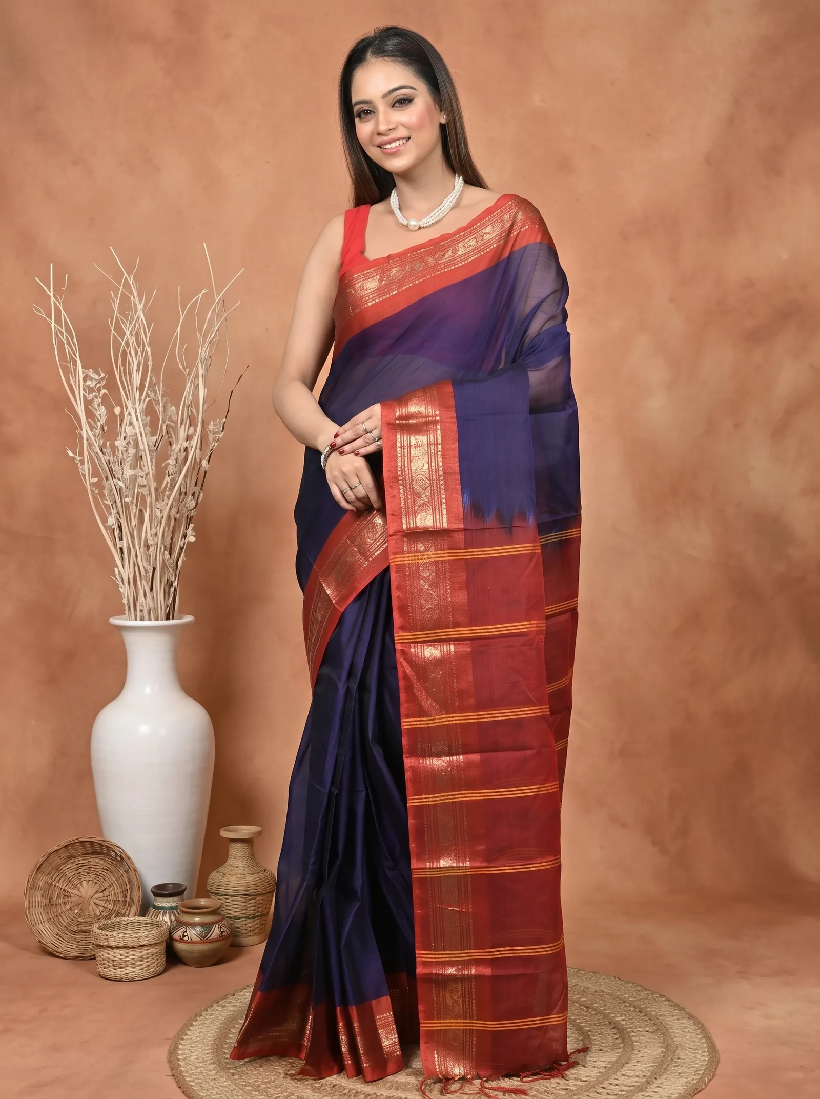 DipDiya Cotton  Traditional Bengali Dark Blue Artisan Crafted Parlik Gadwal Saree