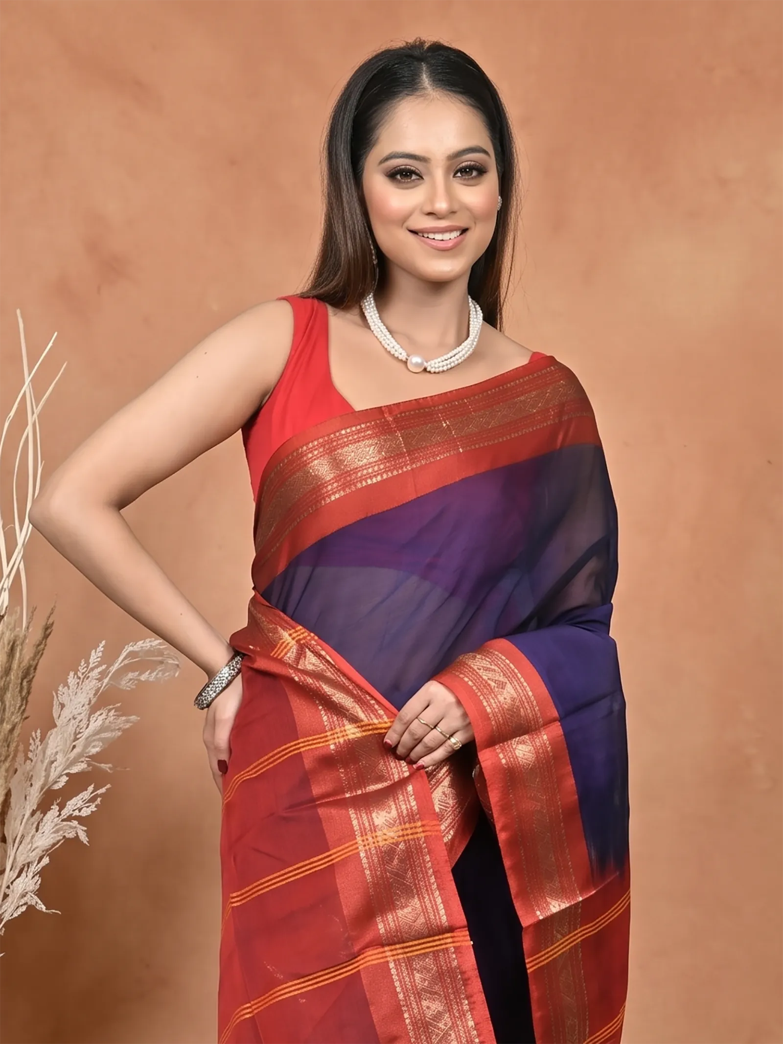 DipDiya Cotton  Traditional Bengali Dark Blue Artisan Crafted Parlik Gadwal Saree