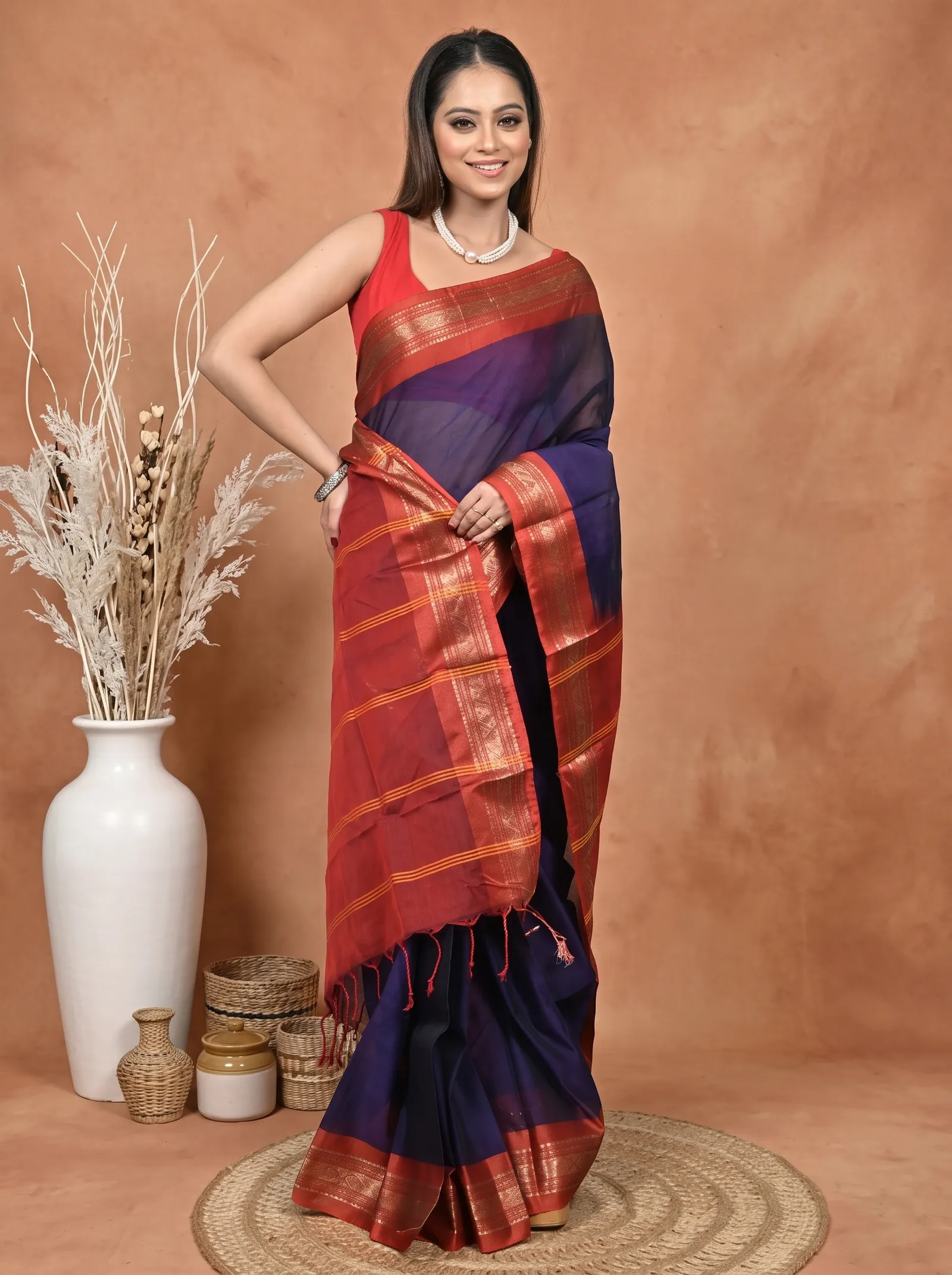 DipDiya Cotton  Traditional Bengali Dark Blue Artisan Crafted Parlik Gadwal Saree