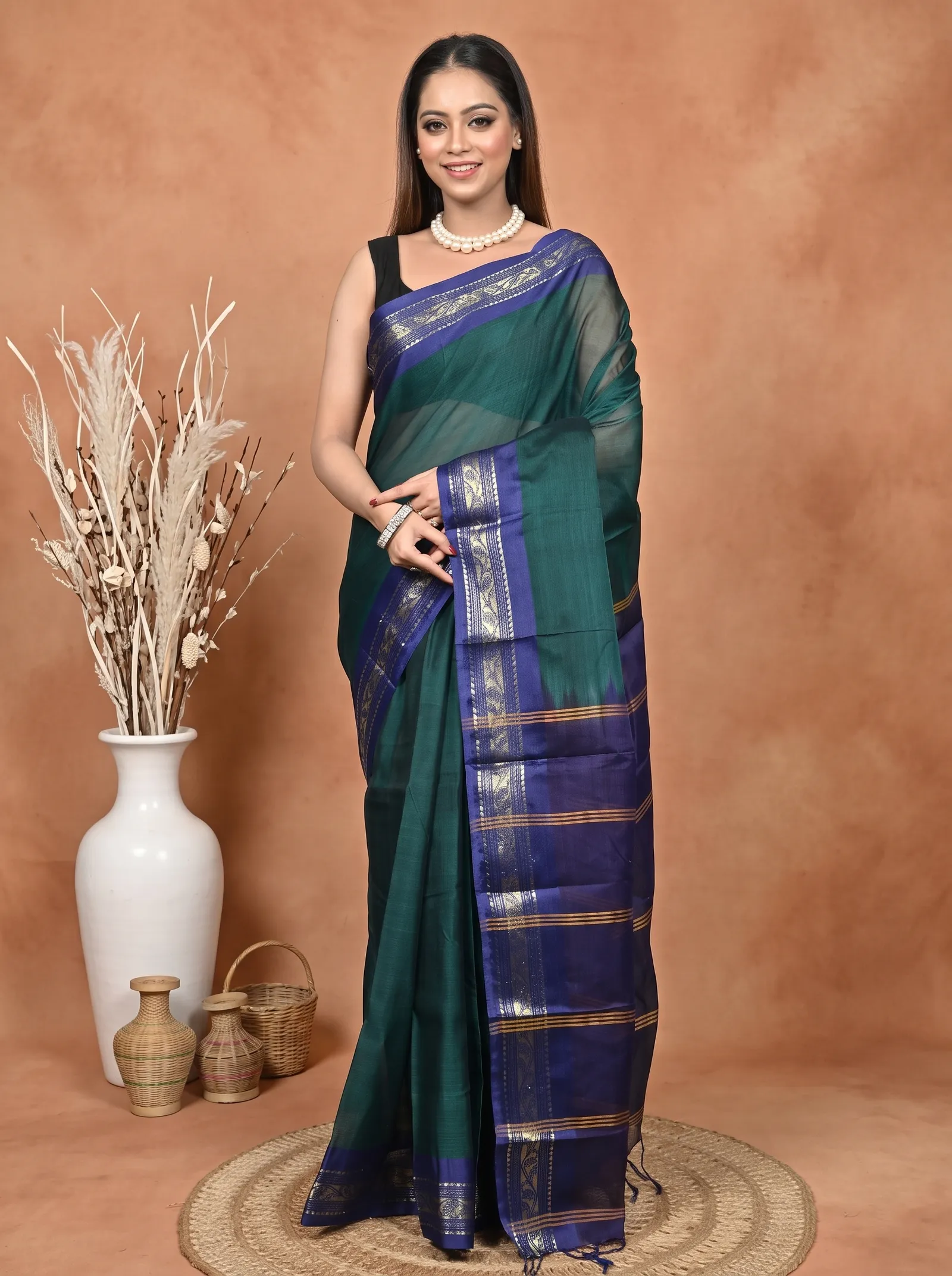 DipDiya Cotton  Traditional Bengali Dark Green Blue Artisan Crafted Parlik Gadwal Saree