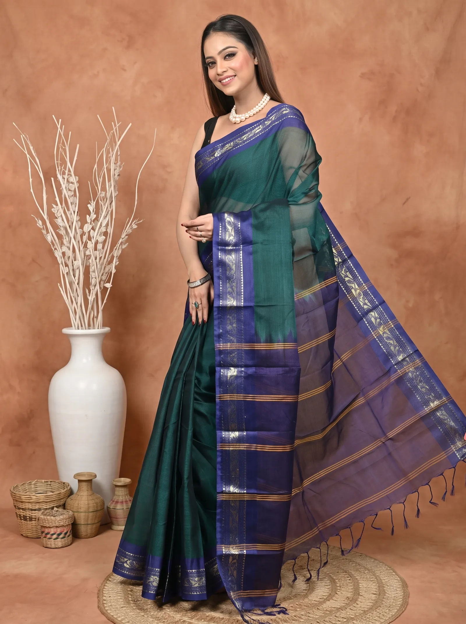 DipDiya Cotton  Traditional Bengali Dark Green Blue Artisan Crafted Parlik Gadwal Saree