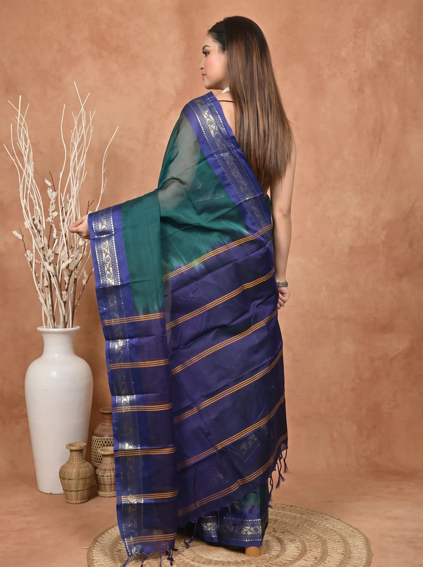 DipDiya Cotton  Traditional Bengali Dark Green Blue Artisan Crafted Parlik Gadwal Saree