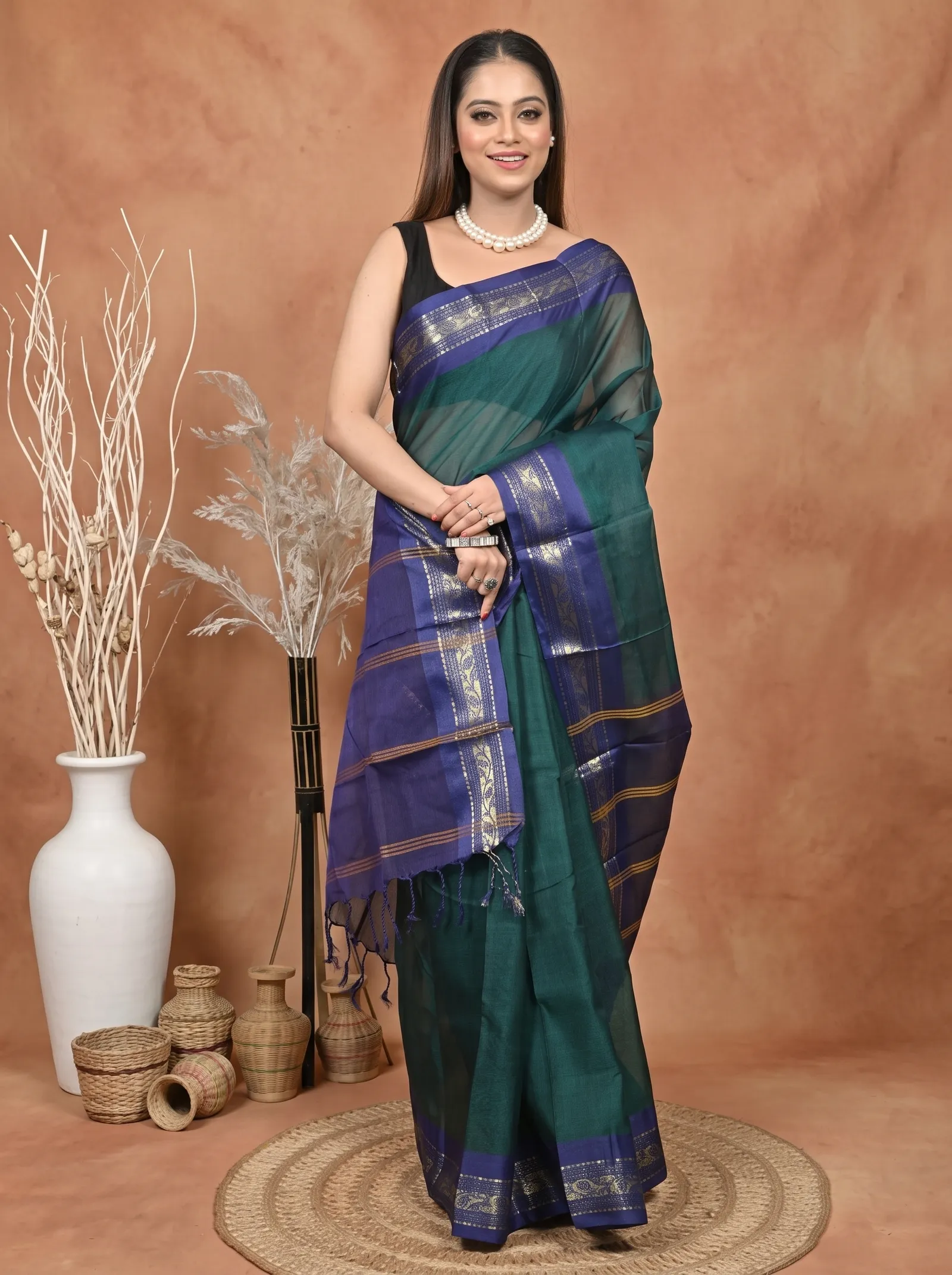 DipDiya Cotton  Traditional Bengali Dark Green Blue Artisan Crafted Parlik Gadwal Saree