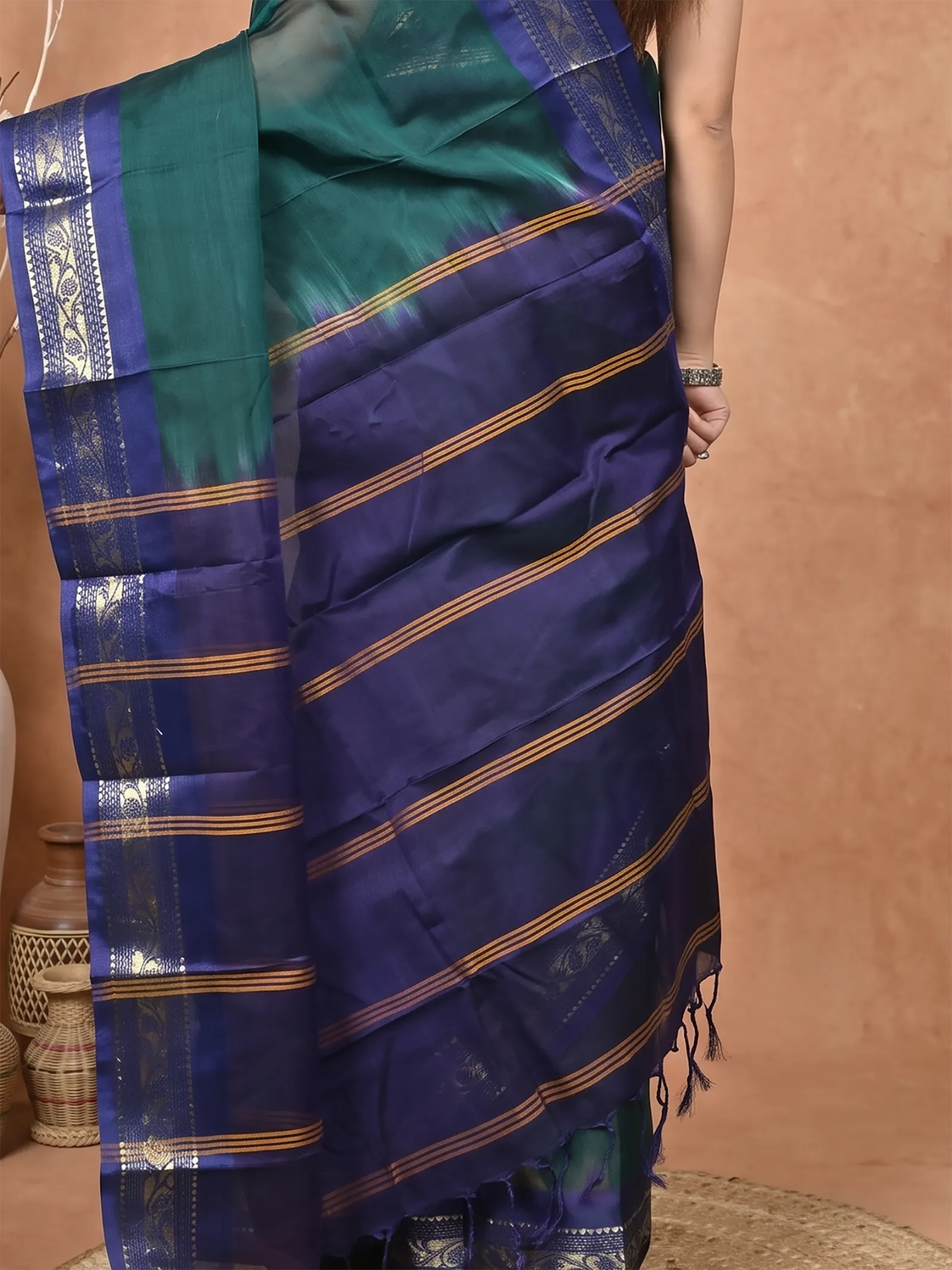 DipDiya Cotton  Traditional Bengali Dark Green Blue Artisan Crafted Parlik Gadwal Saree
