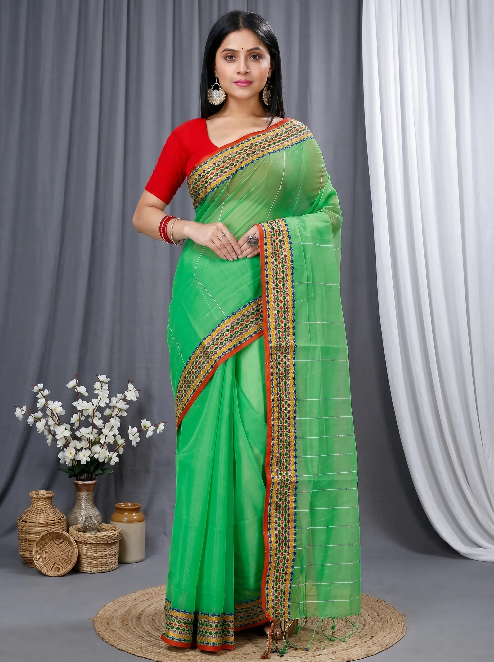 DipDiya Cotton  Traditional Bengali Green Artisan Crafted Popkn Handloom Saree