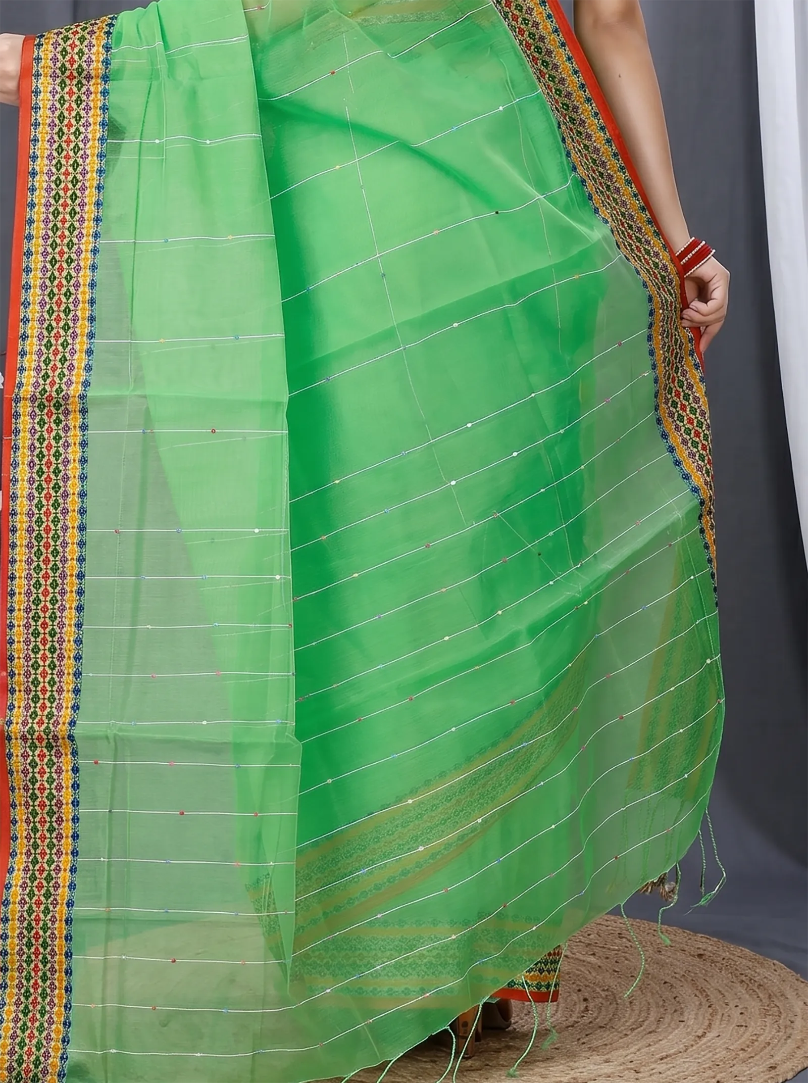 DipDiya Cotton  Traditional Bengali Green Artisan Crafted Popkn Handloom Saree