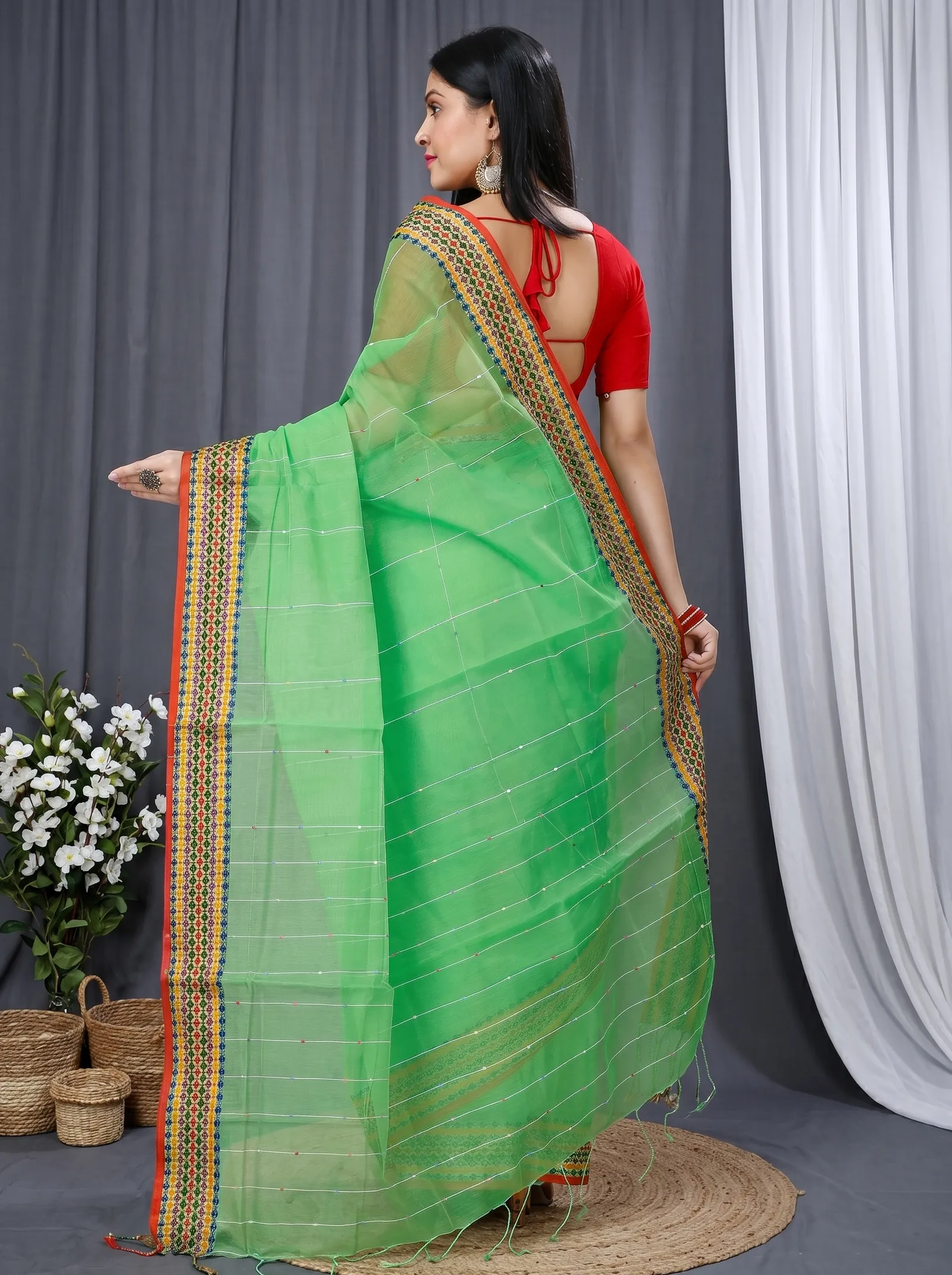 DipDiya Cotton  Traditional Bengali Green Artisan Crafted Popkn Handloom Saree