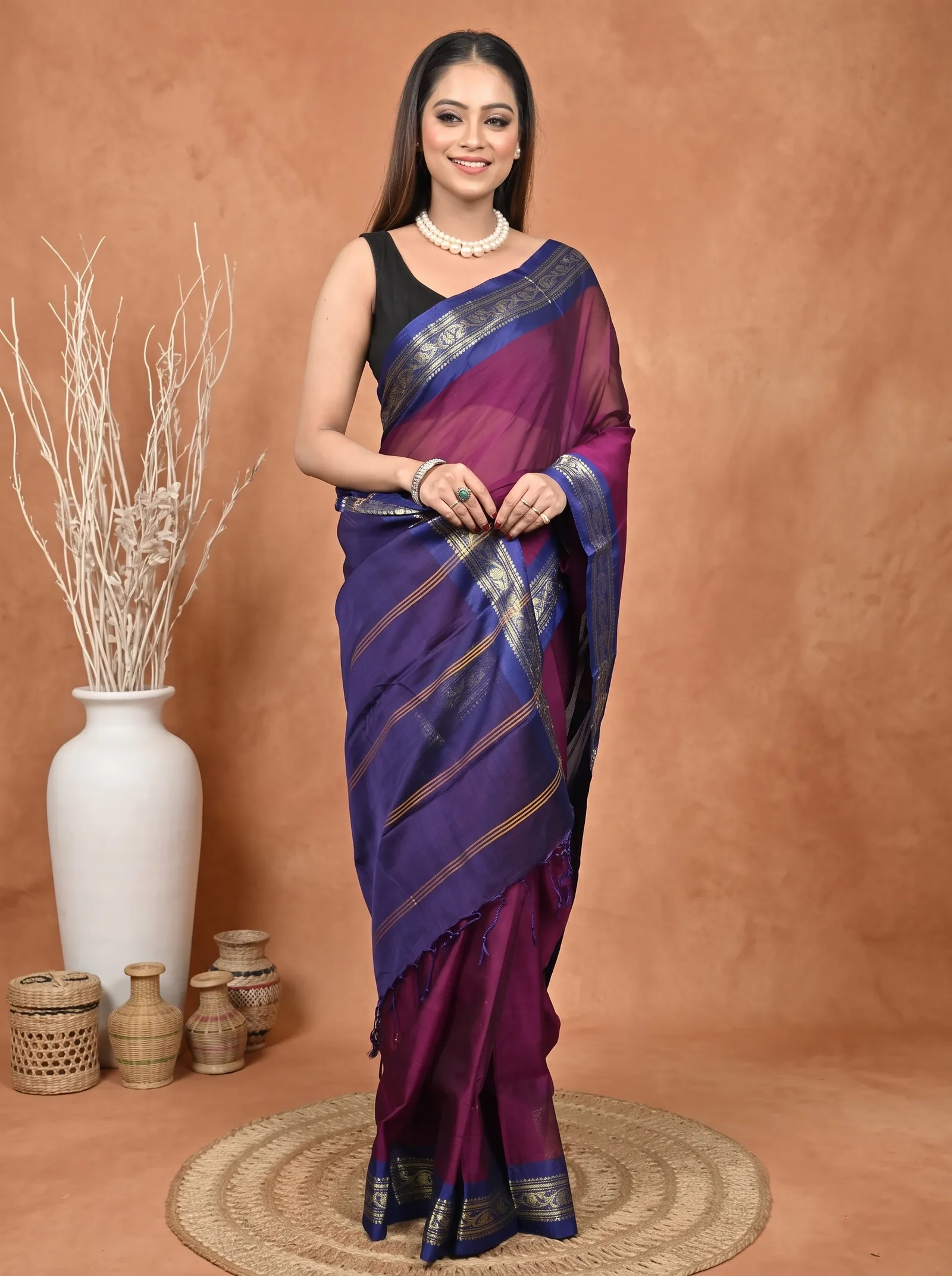 DipDiya Cotton  Traditional Bengali Magenta Artisan Crafted Parlik Gadwal Saree