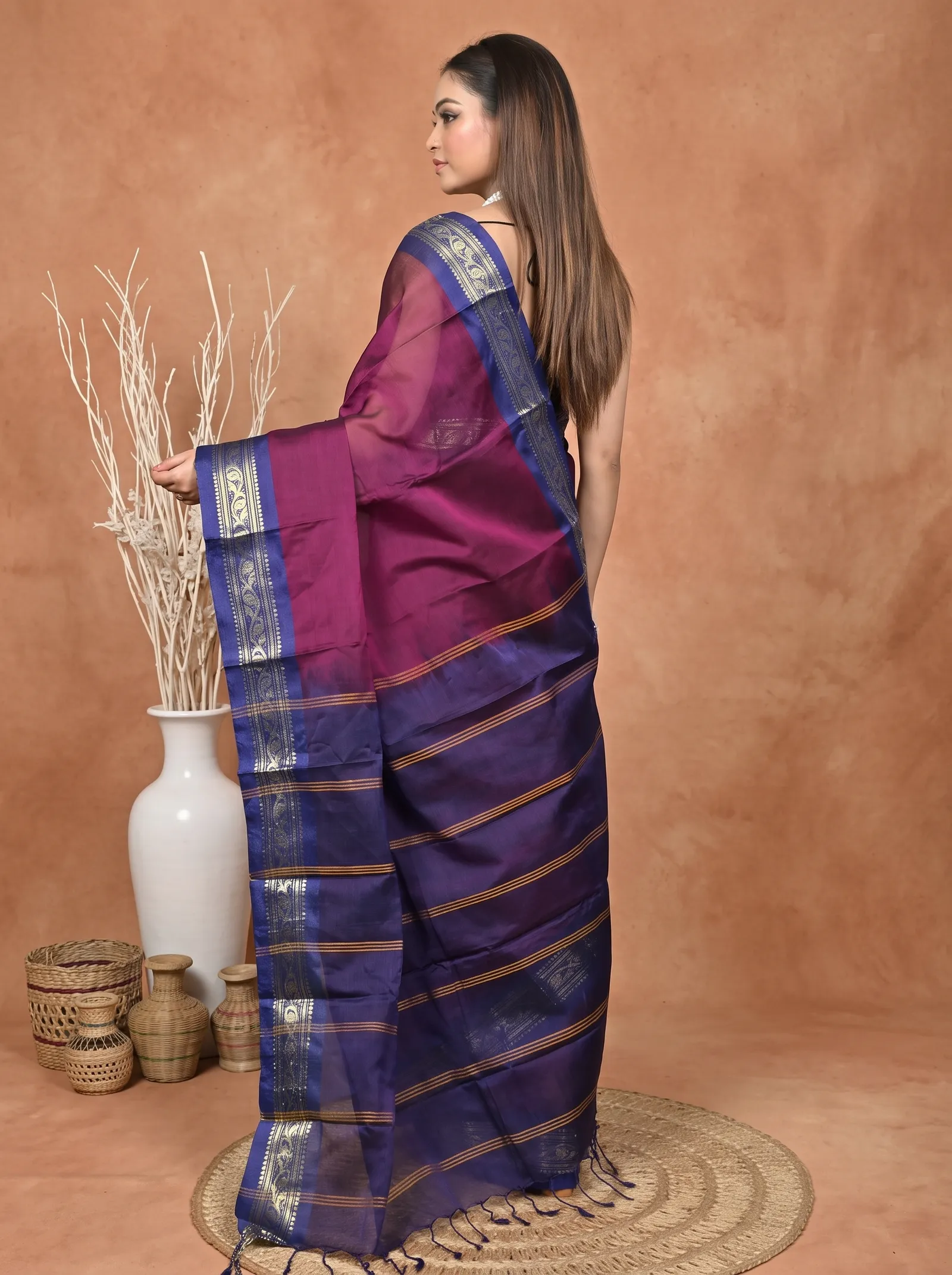 DipDiya Cotton  Traditional Bengali Magenta Artisan Crafted Parlik Gadwal Saree