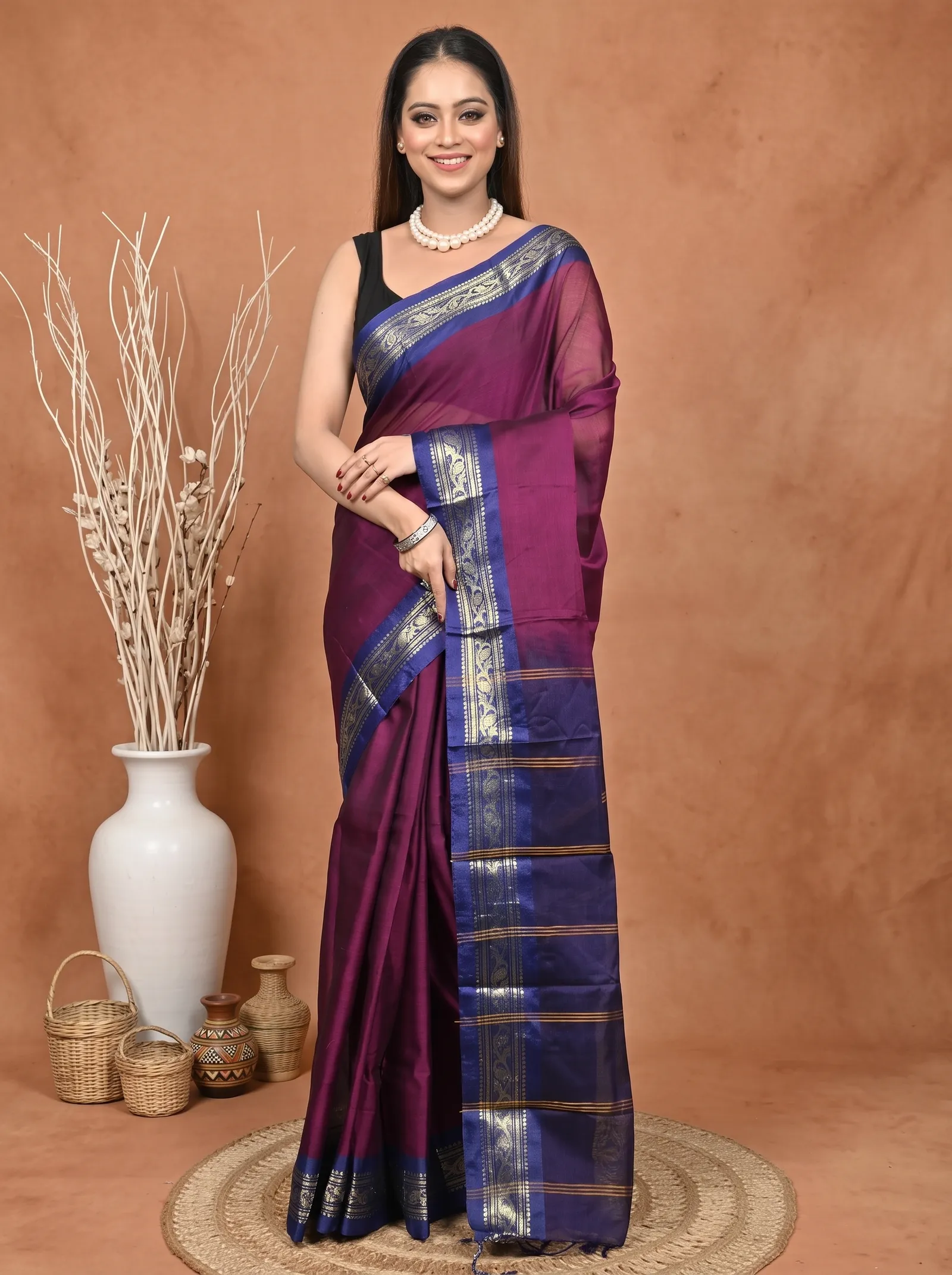 DipDiya Cotton  Traditional Bengali Magenta Artisan Crafted Parlik Gadwal Saree
