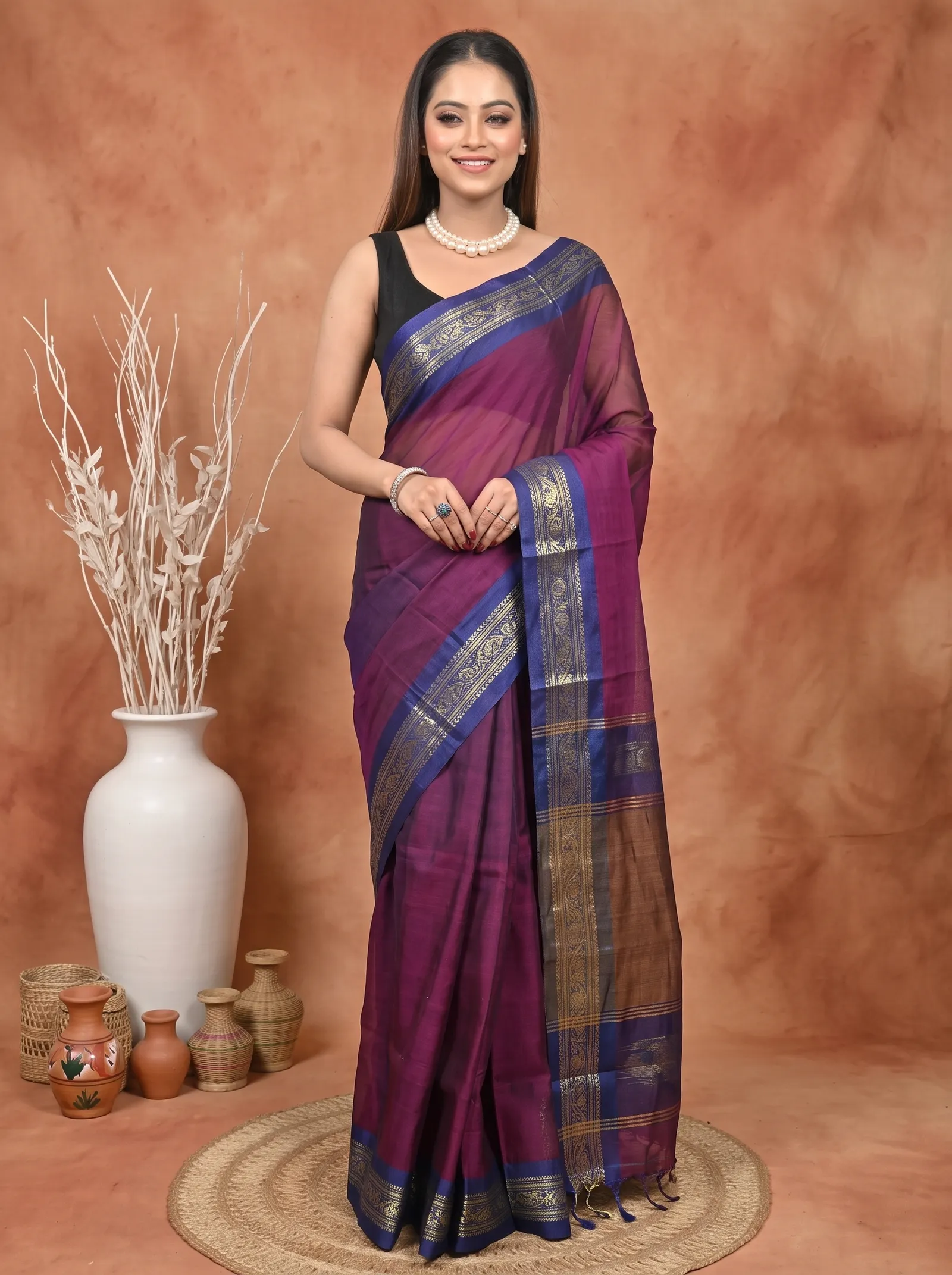 DipDiya Cotton  Traditional Bengali Magenta Artisan Crafted Parlik Gadwal Saree
