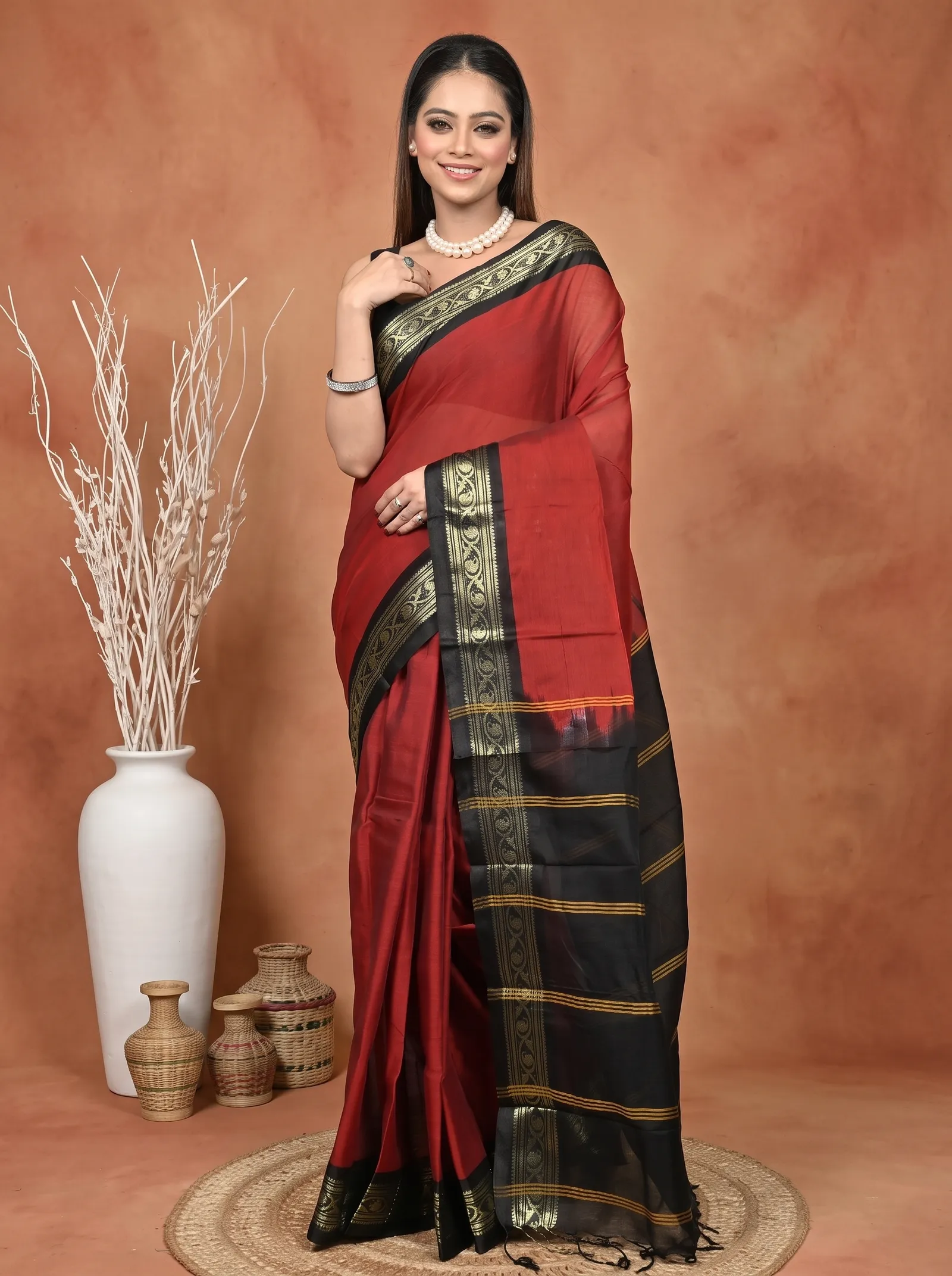 DipDiya Cotton  Traditional Bengali Maroon Black Artisan Crafted Parlik Gadwal Saree