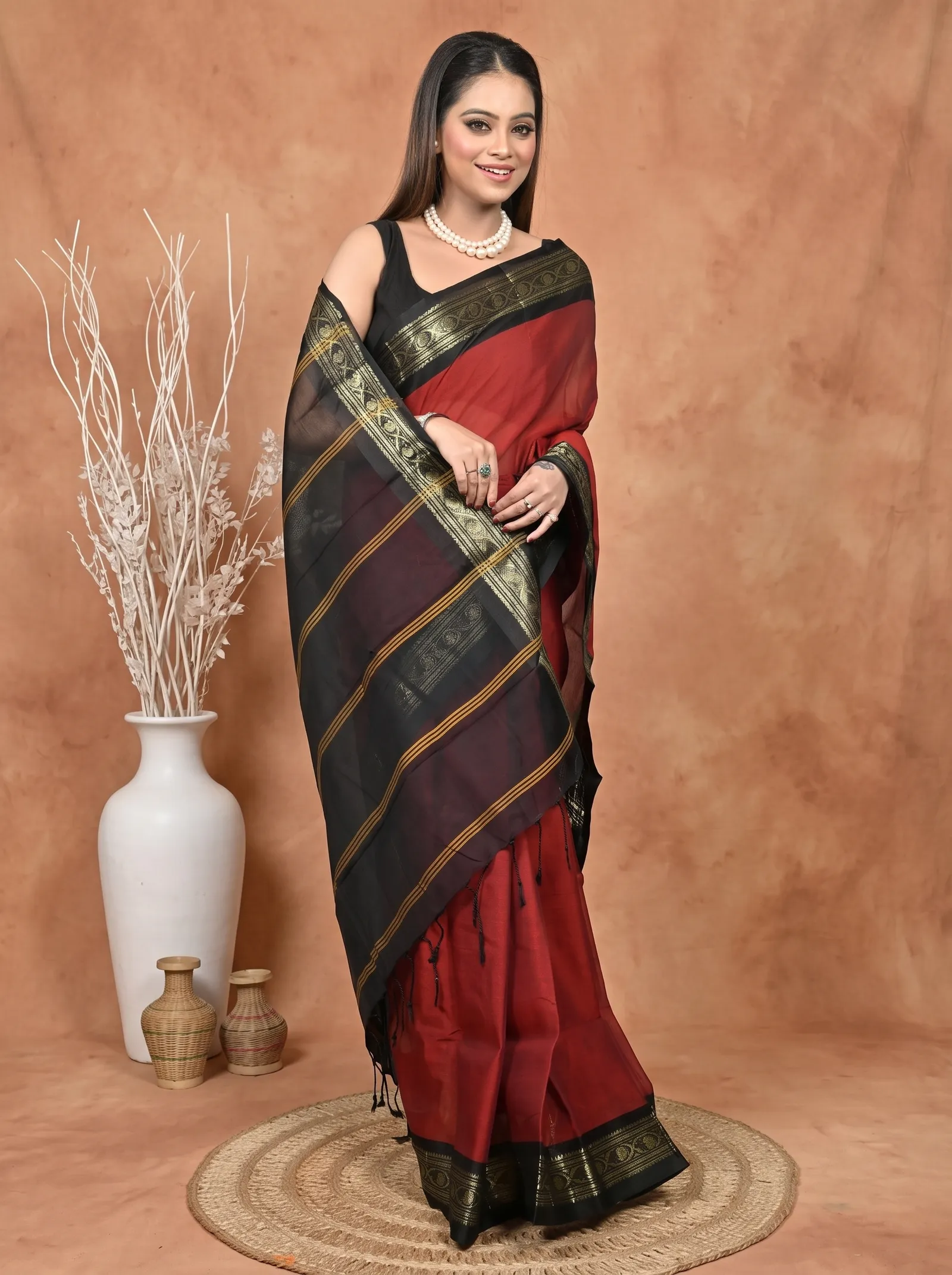 DipDiya Cotton  Traditional Bengali Maroon Black Artisan Crafted Parlik Gadwal Saree