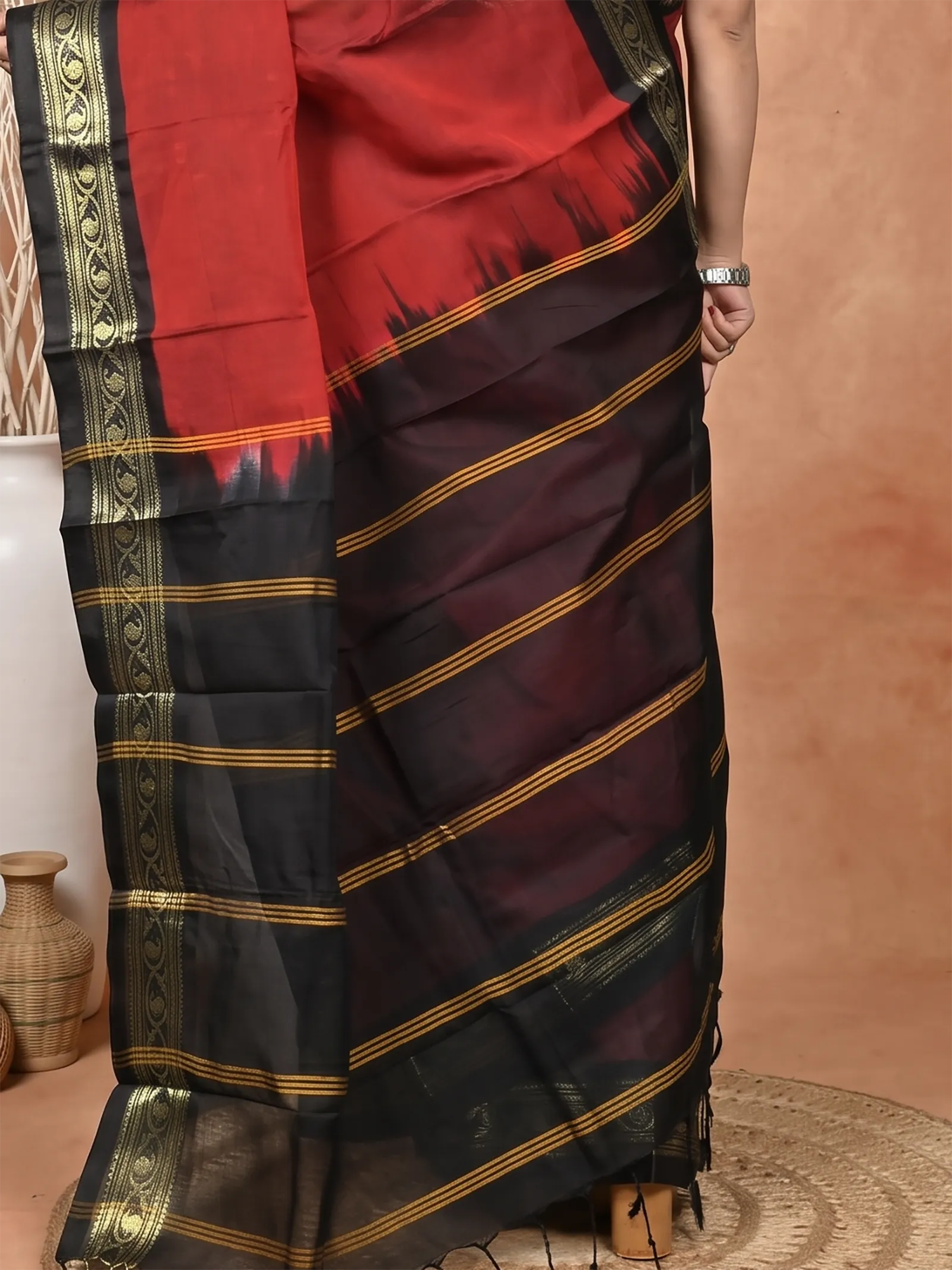 DipDiya Cotton  Traditional Bengali Maroon Black Artisan Crafted Parlik Gadwal Saree