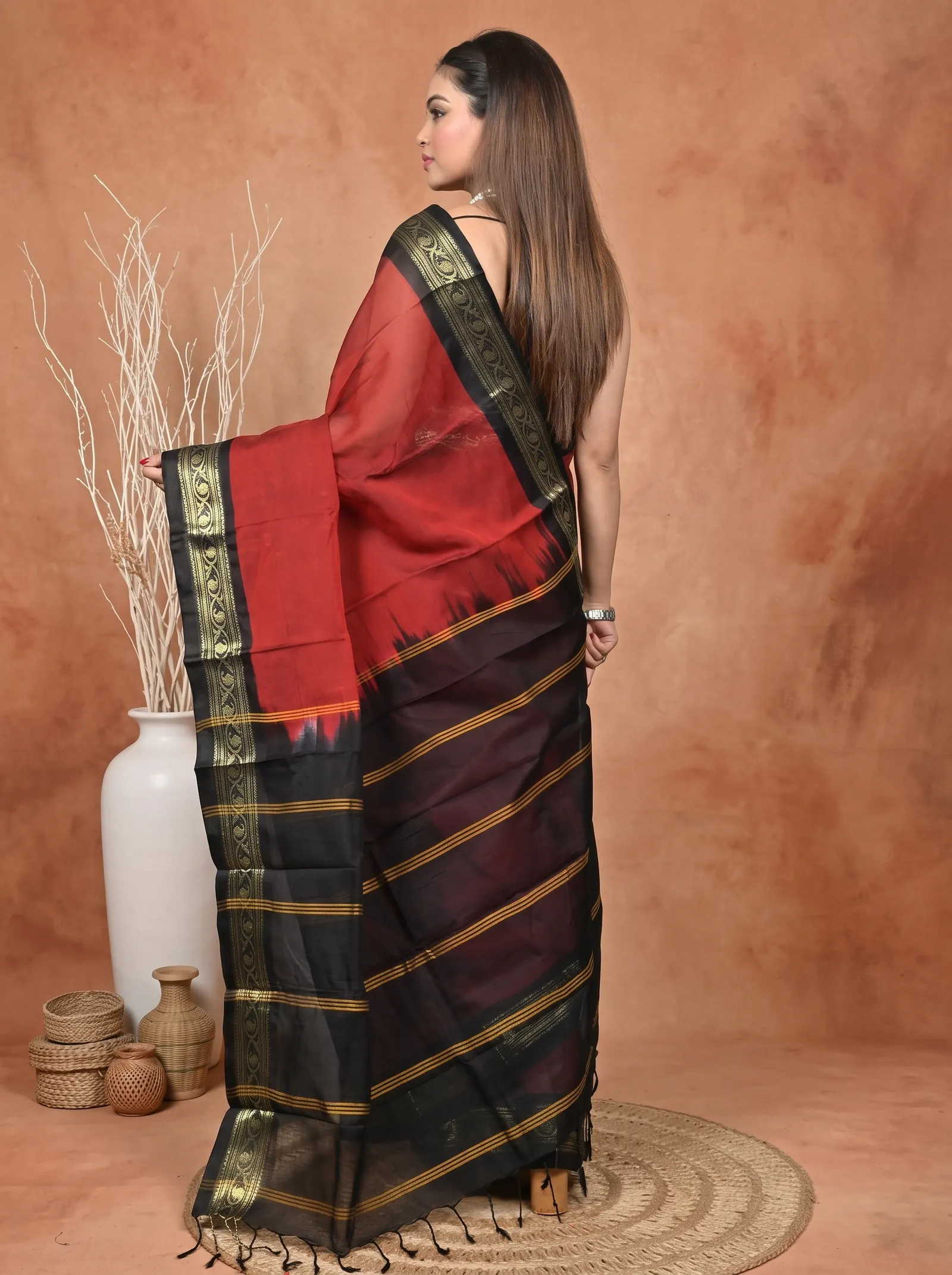 DipDiya Cotton  Traditional Bengali Maroon Black Artisan Crafted Parlik Gadwal Saree