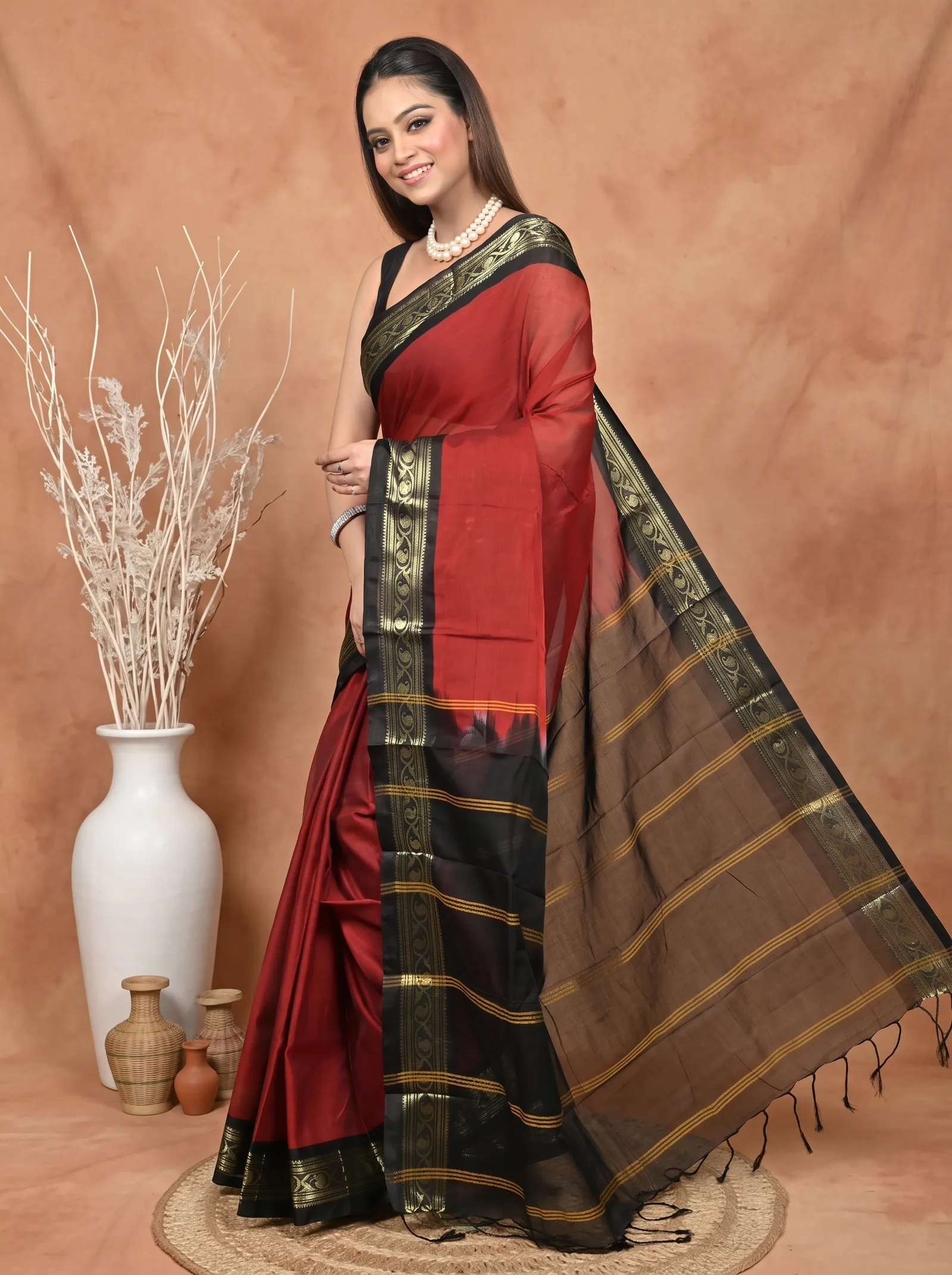 DipDiya Cotton  Traditional Bengali Maroon Black Artisan Crafted Parlik Gadwal Saree