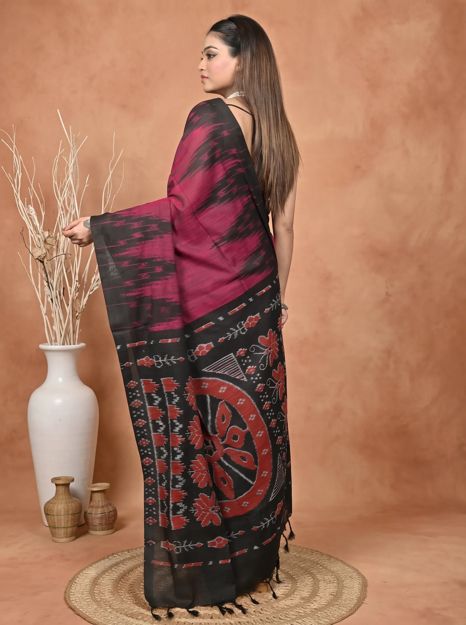 DipDiya Cotton  Traditional Bengali Maroon Black Artisan Crafted Soupur Kotki Saree