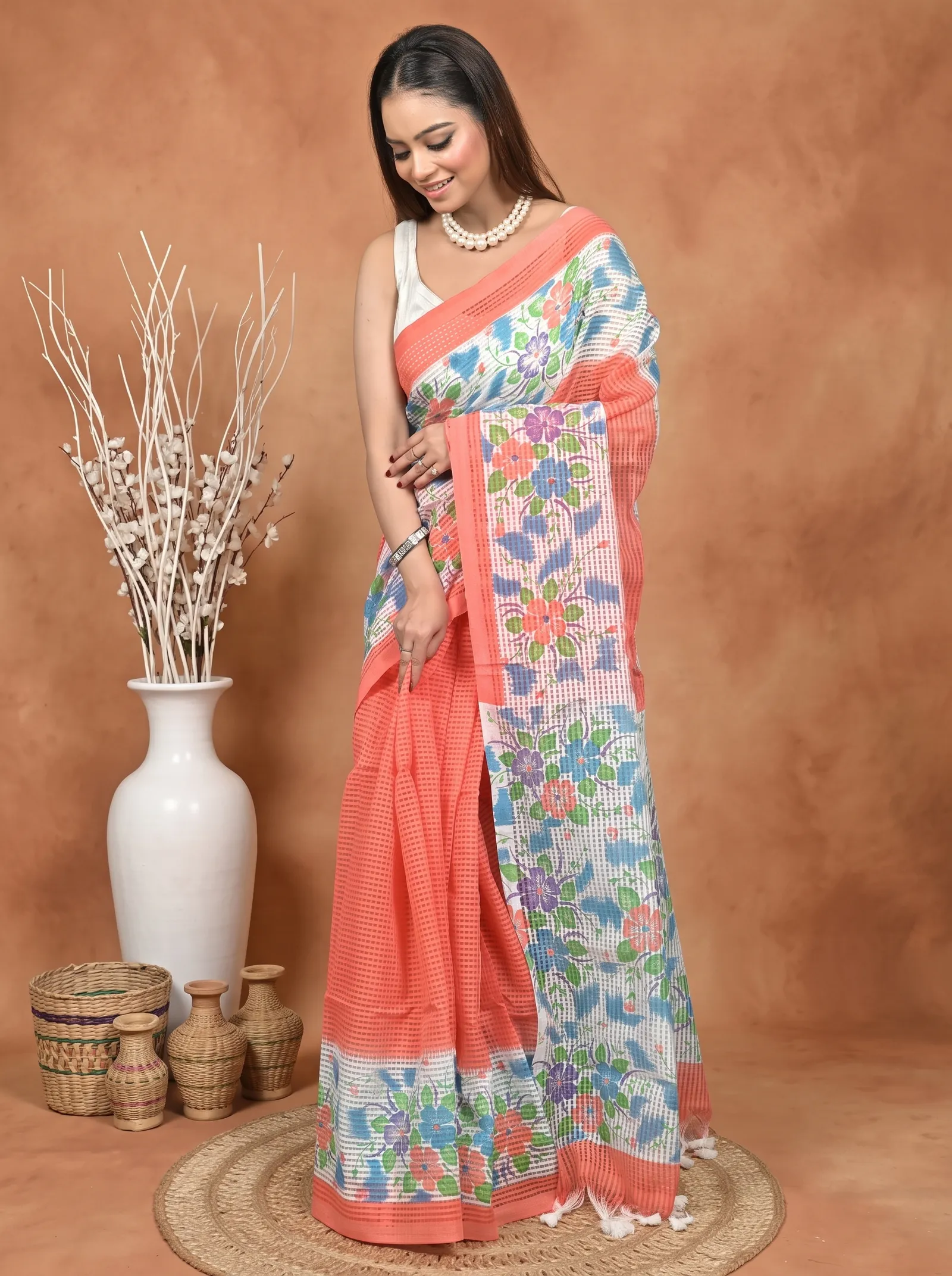 DipDiya Cotton  Traditional Bengali Orange White Artisan Crafted Soupon Kota Fabric Saree