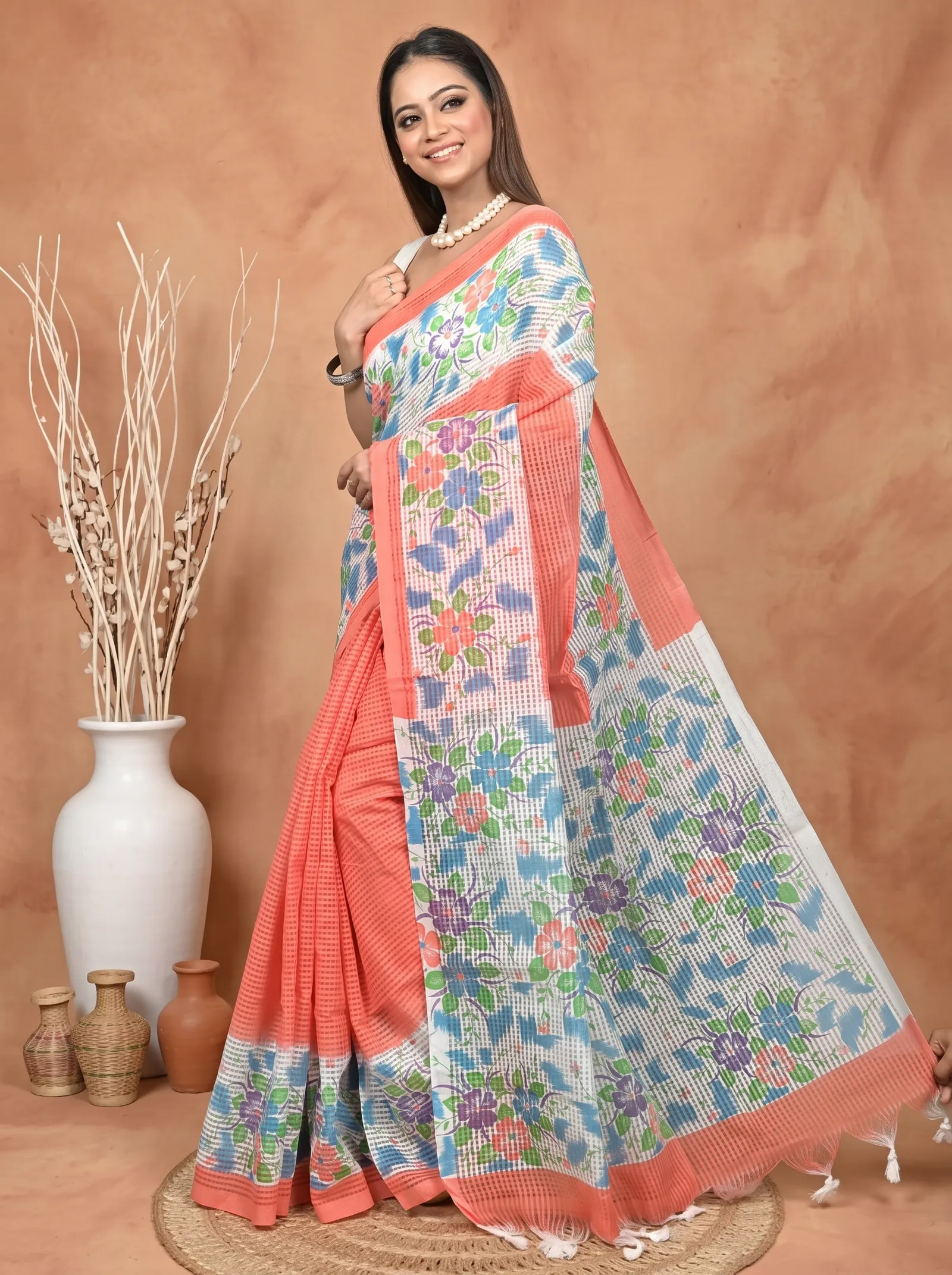 DipDiya Cotton  Traditional Bengali Orange White Artisan Crafted Soupon Kota Fabric Saree
