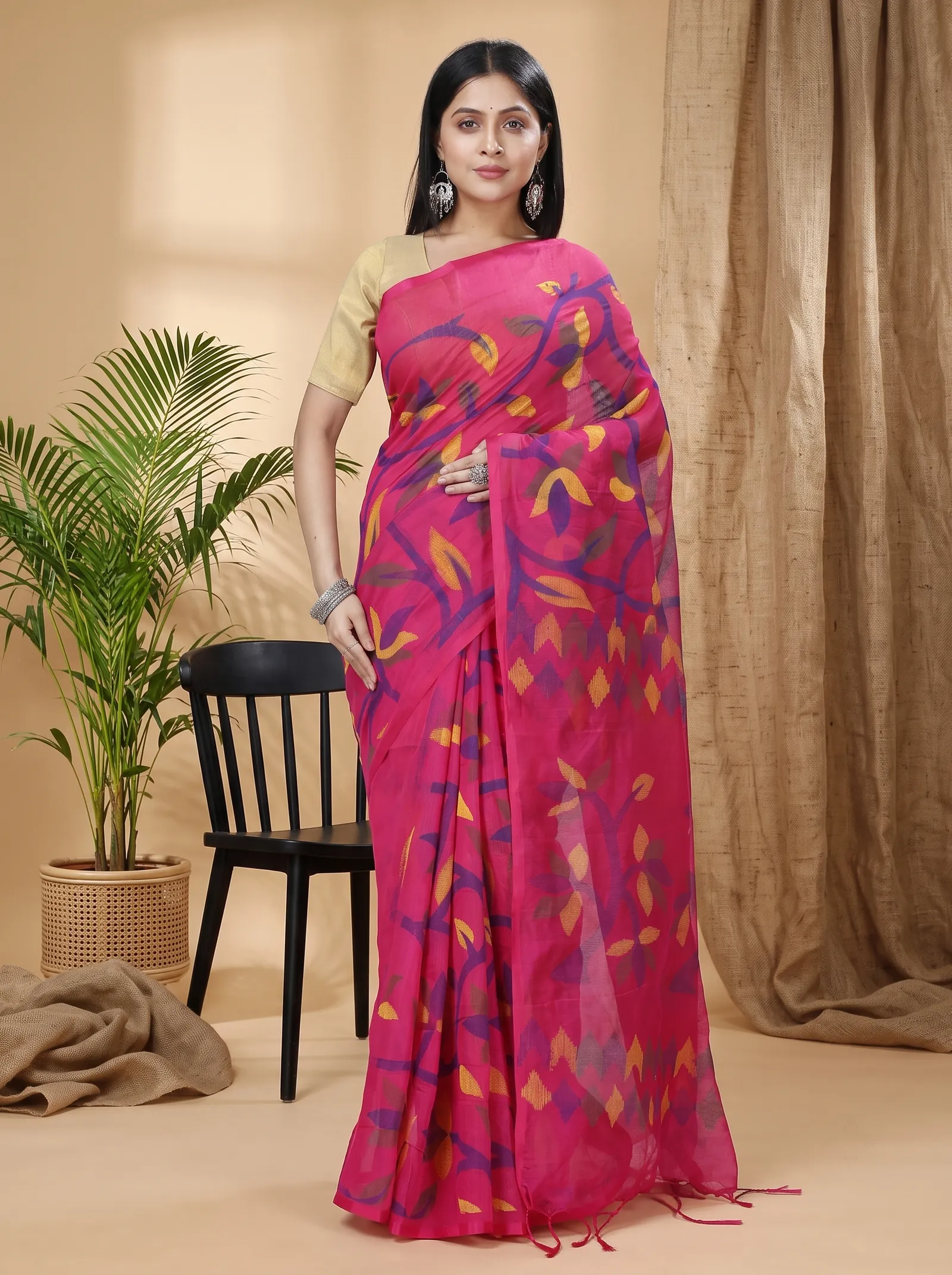 DipDiya Cotton  Traditional Bengali Parpel Artisan Crafted Naren Handloom Saree