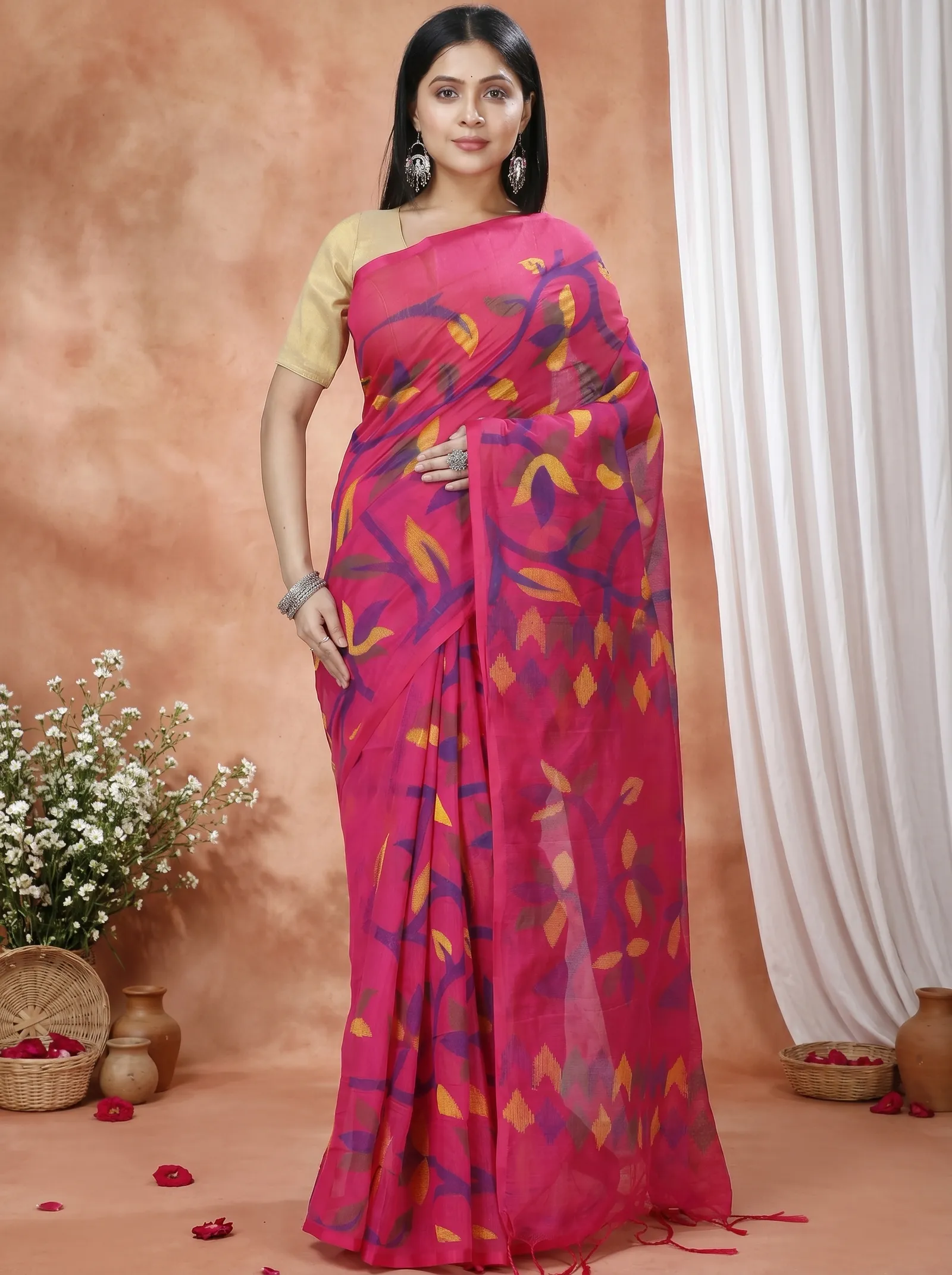 DipDiya Cotton  Traditional Bengali Parpel Artisan Crafted Naren Handloom Saree