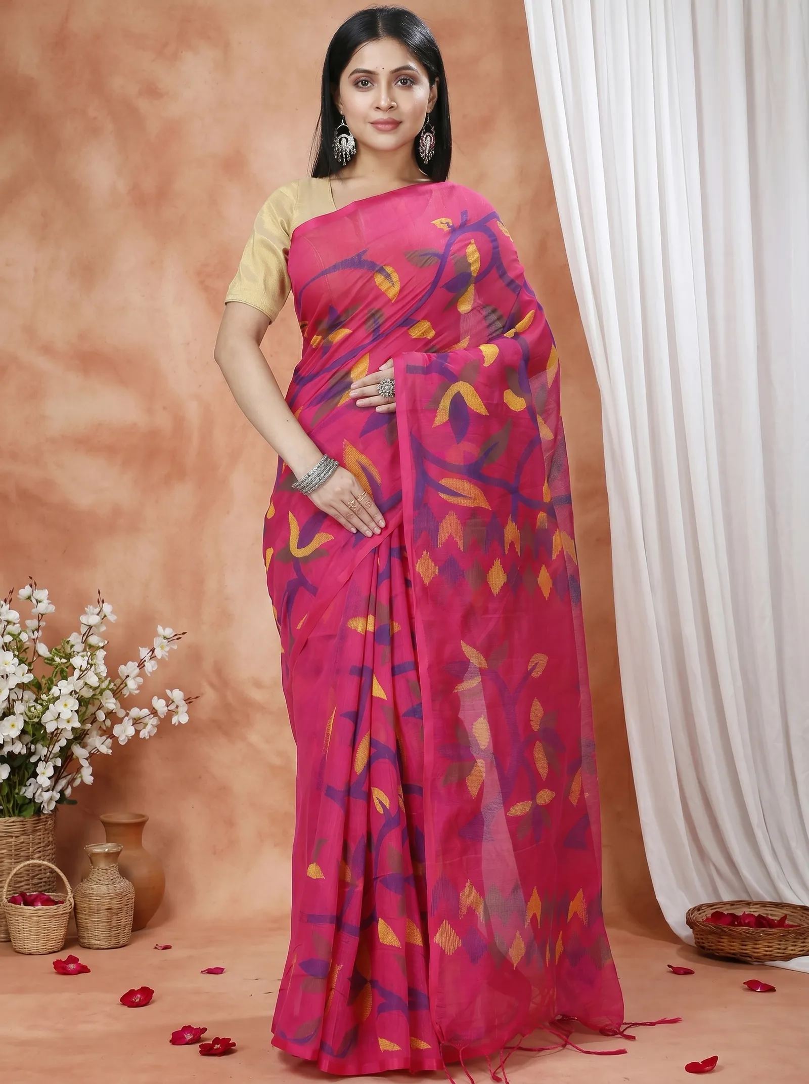 DipDiya Cotton  Traditional Bengali Parpel Artisan Crafted Naren Handloom Saree
