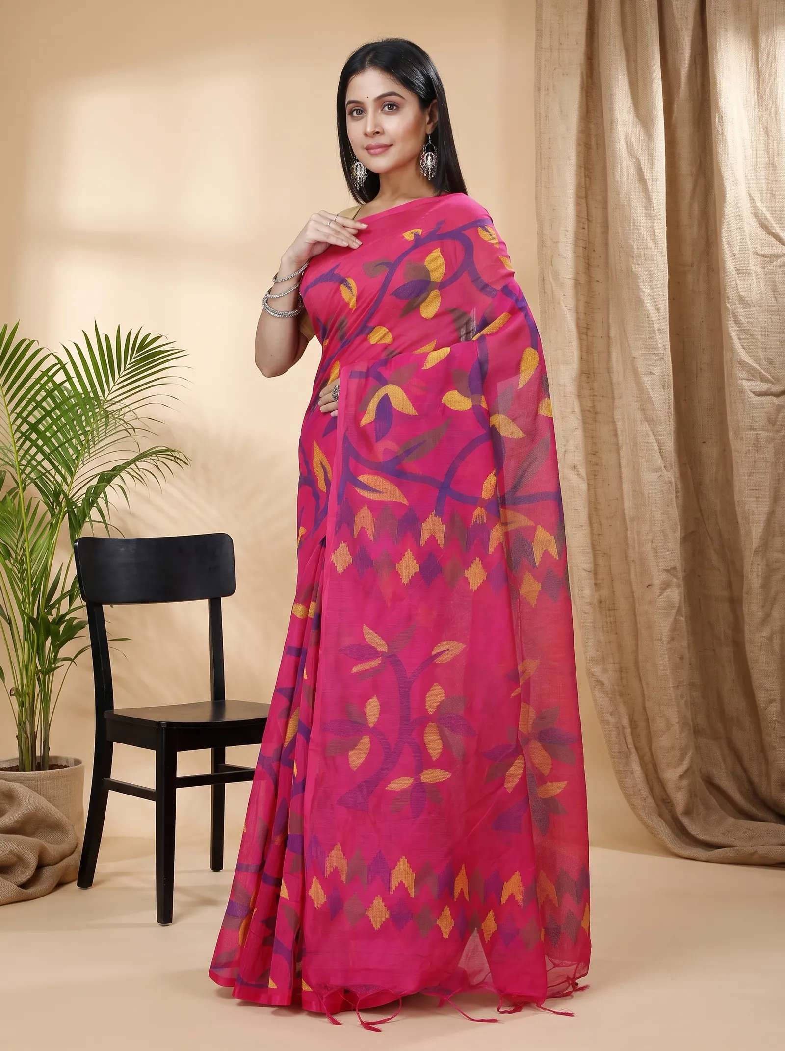 DipDiya Cotton  Traditional Bengali Parpel Artisan Crafted Naren Handloom Saree