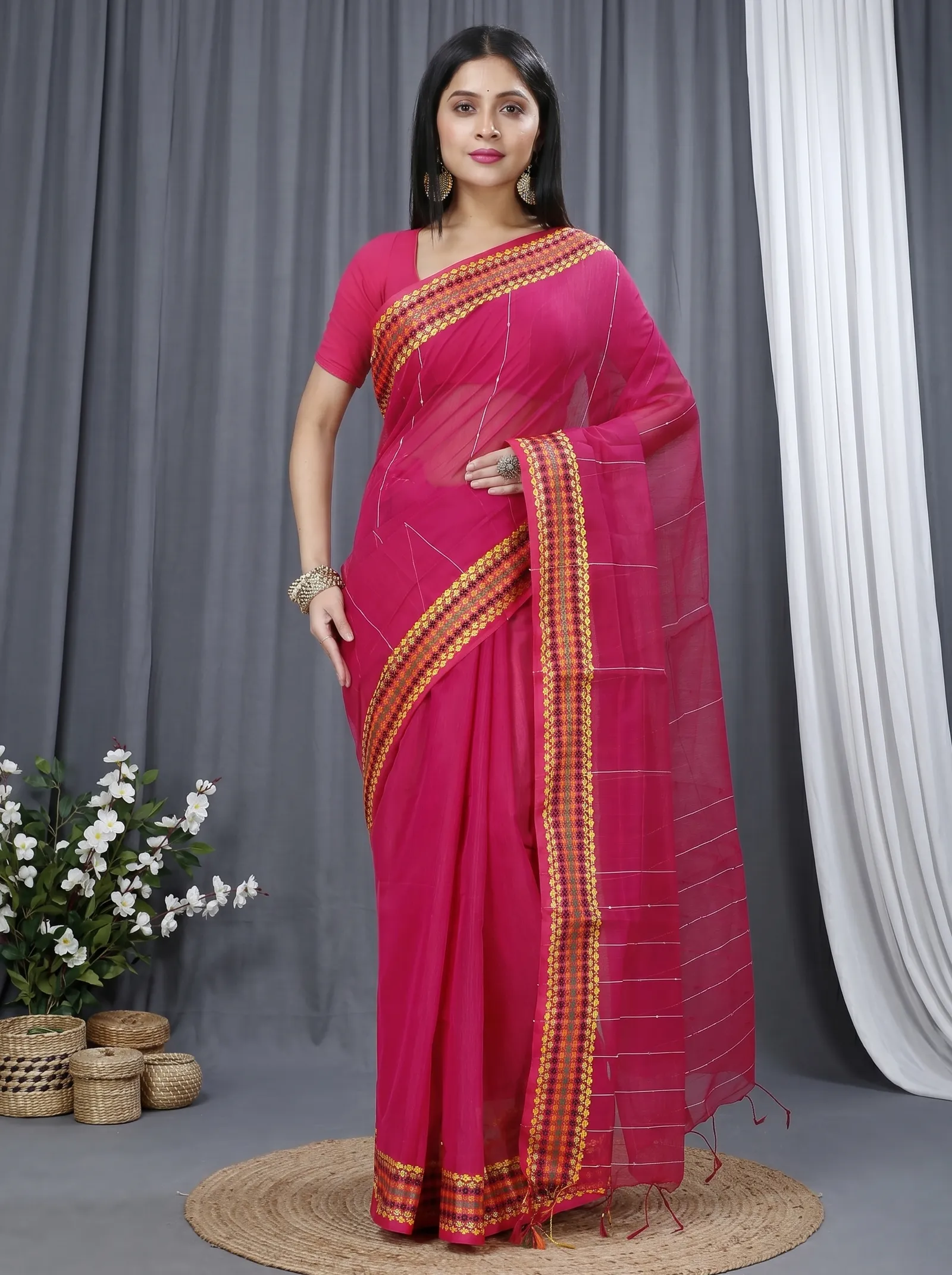 DipDiya Cotton  Traditional Bengali Parpel Artisan Crafted Popkn Handloom Saree