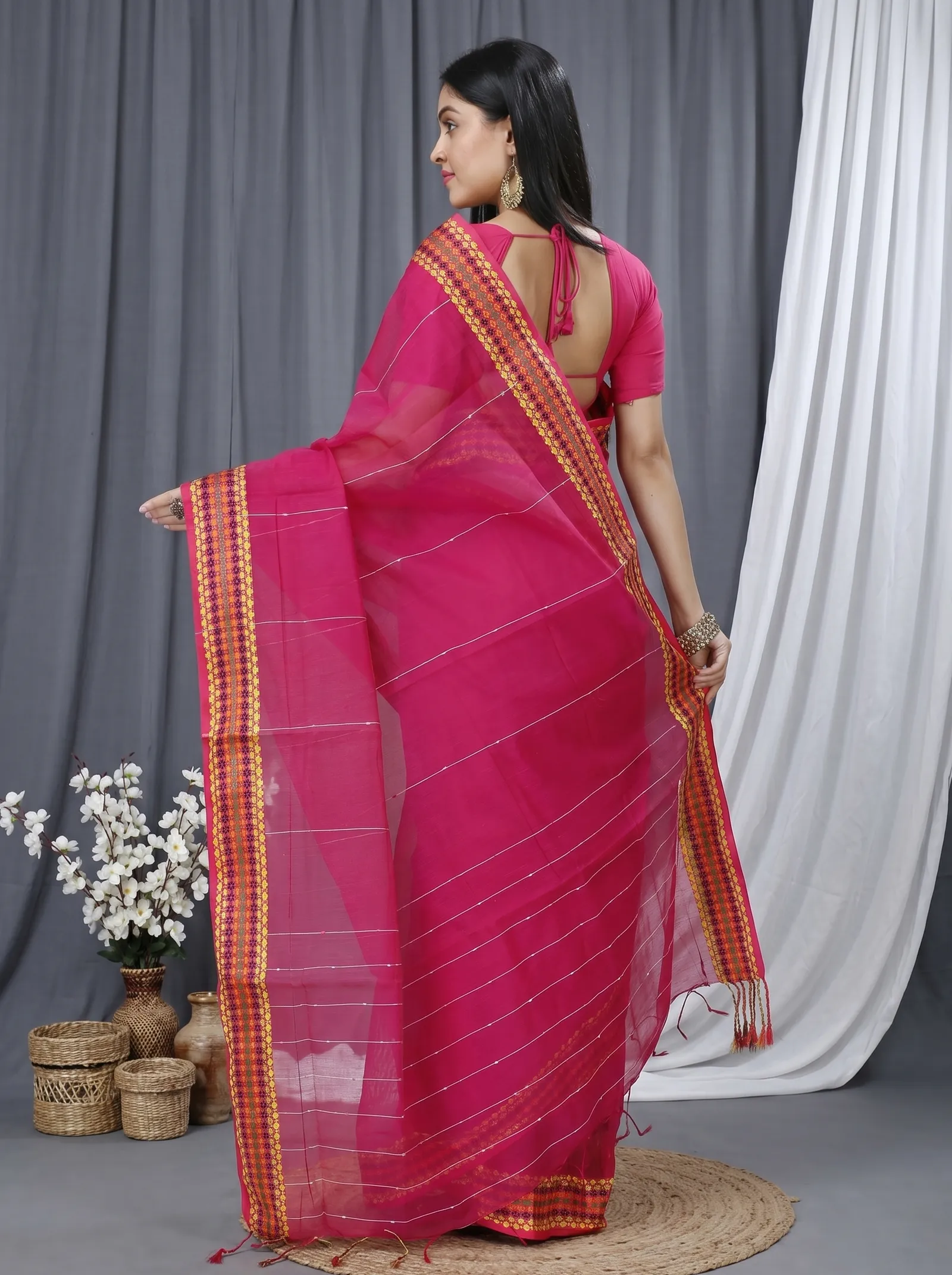 DipDiya Cotton  Traditional Bengali Parpel Artisan Crafted Popkn Handloom Saree