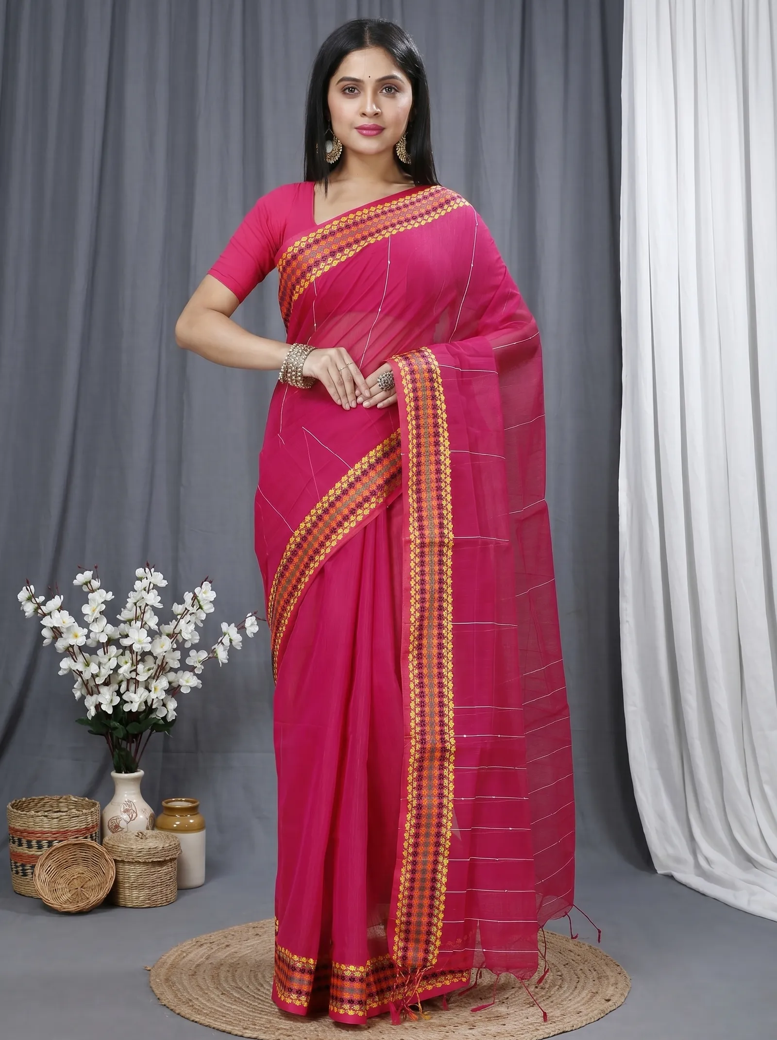 DipDiya Cotton  Traditional Bengali Parpel Artisan Crafted Popkn Handloom Saree