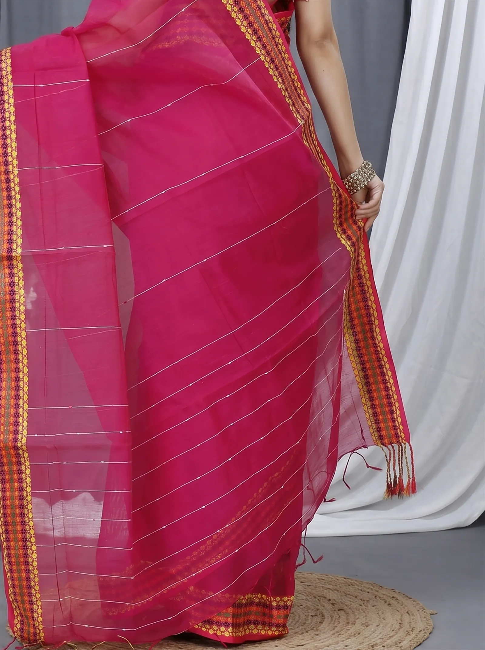 DipDiya Cotton  Traditional Bengali Parpel Artisan Crafted Popkn Handloom Saree