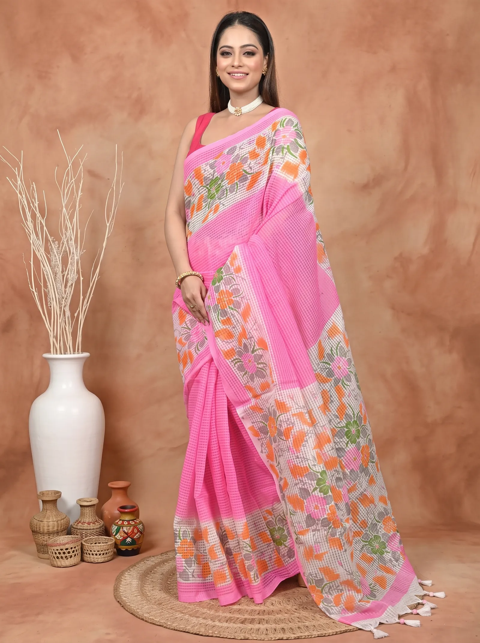 DipDiya Cotton  Traditional Bengali Pink White Artisan Crafted Soupon Kota Fabric Saree