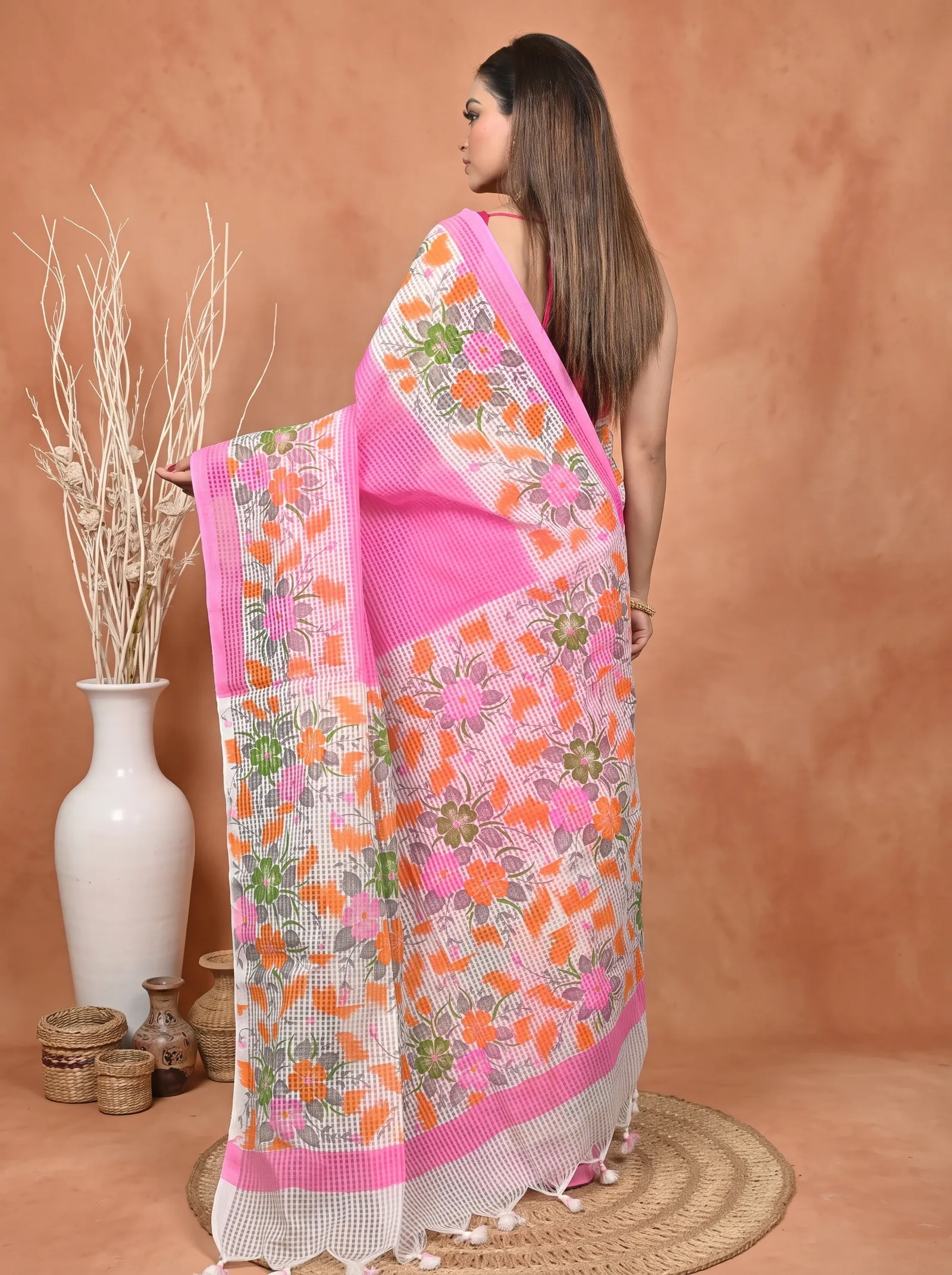 DipDiya Cotton  Traditional Bengali Pink White Artisan Crafted Soupon Kota Fabric Saree