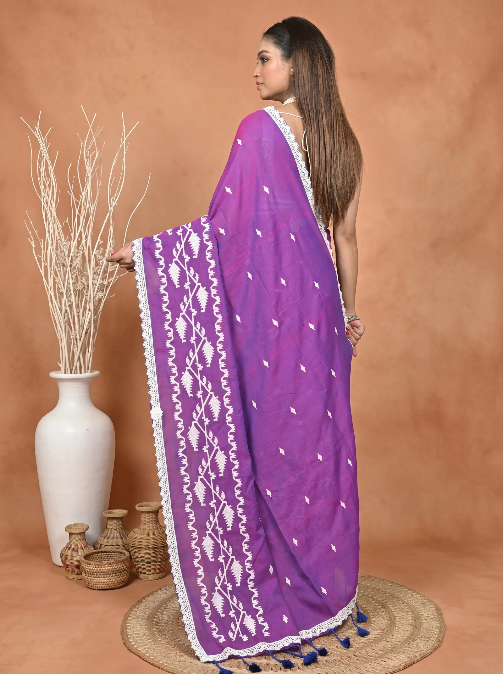 DipDiya Cotton  Traditional Bengali Purple Artisan Crafted Parepu Handloom Saree
