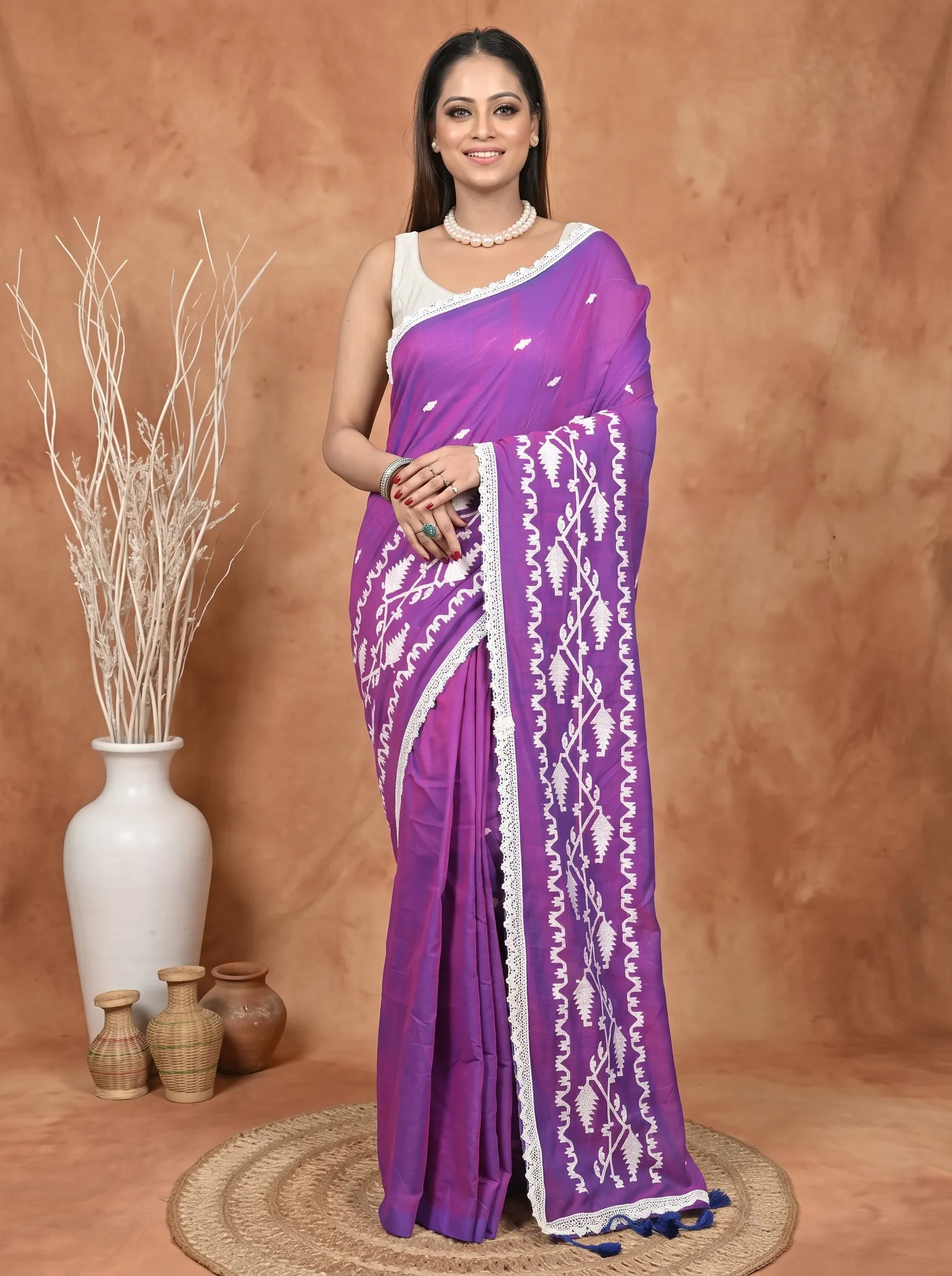 DipDiya Cotton  Traditional Bengali Purple Artisan Crafted Parepu Handloom Saree