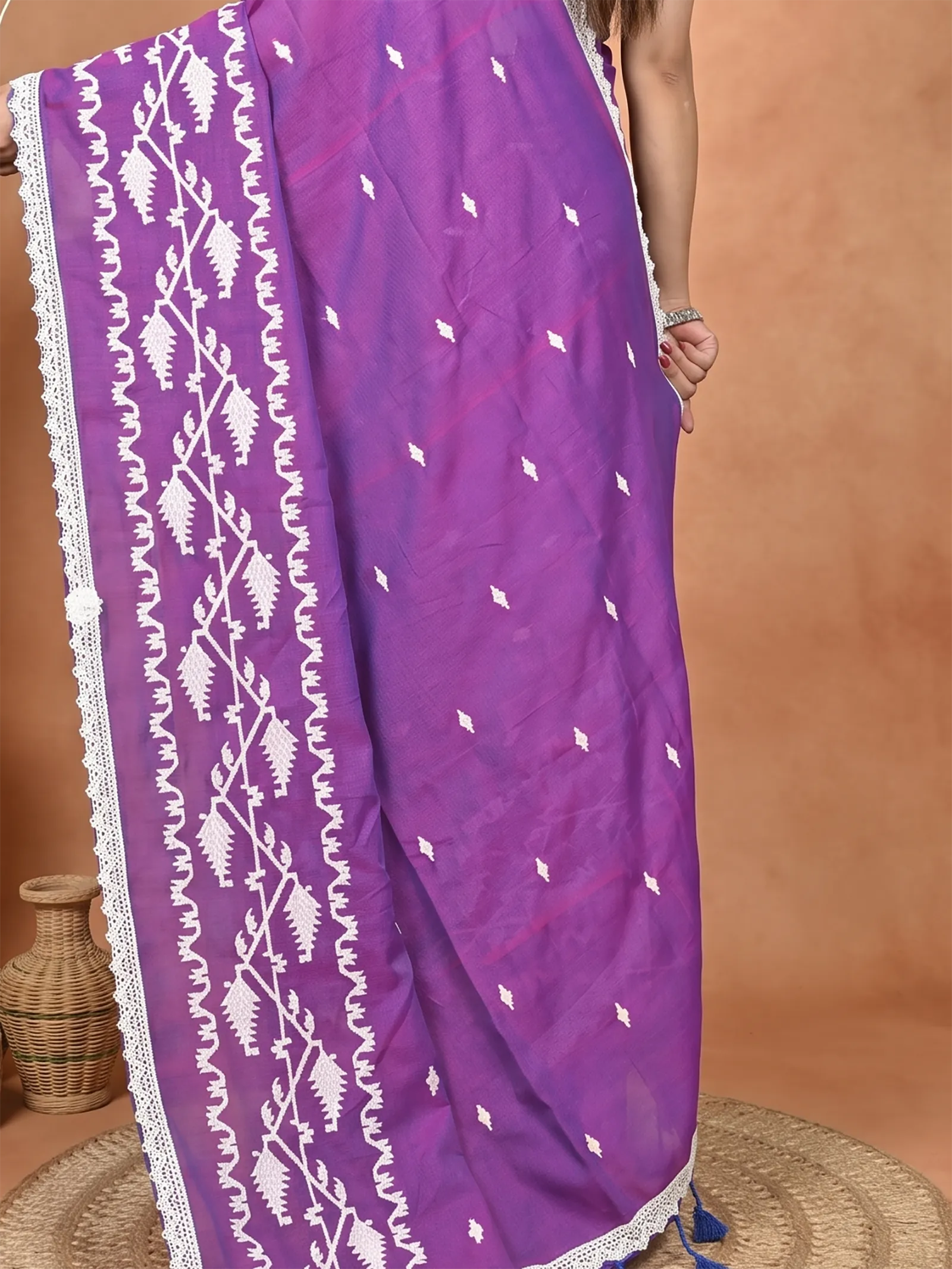 DipDiya Cotton  Traditional Bengali Purple Artisan Crafted Parepu Handloom Saree