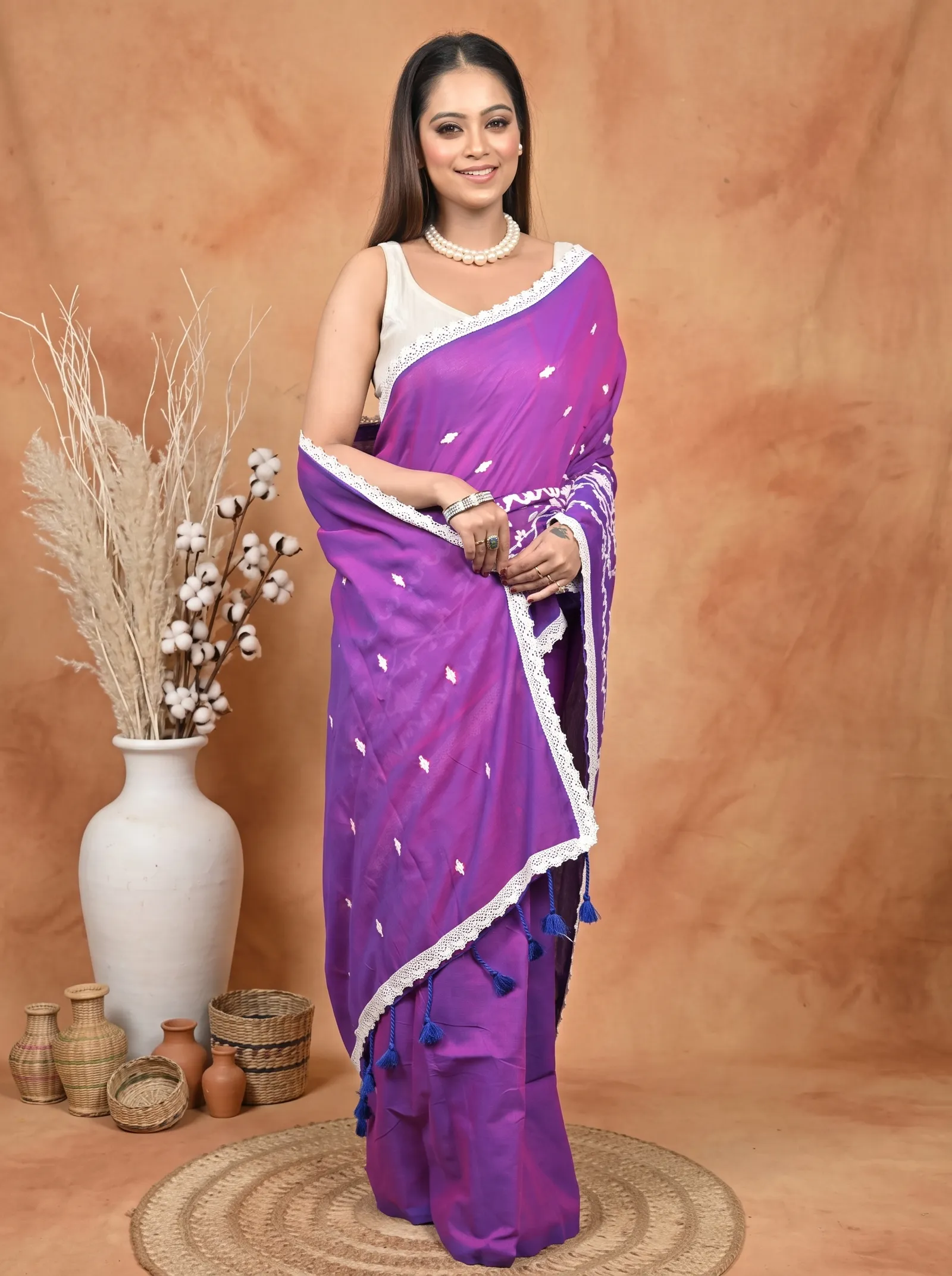 DipDiya Cotton  Traditional Bengali Purple Artisan Crafted Parepu Handloom Saree